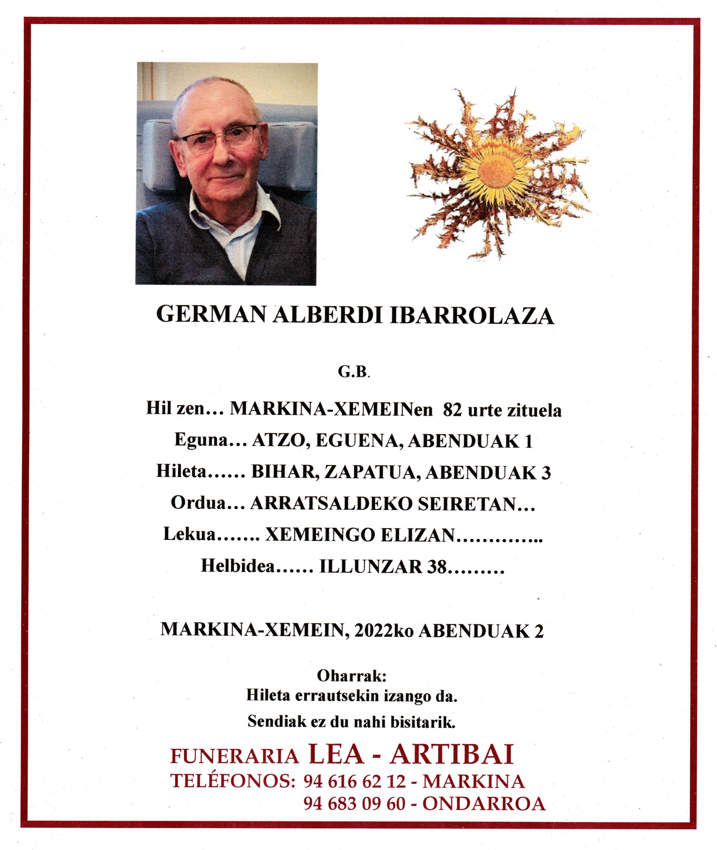 Esquela de German Alberdi Ibarrolaza