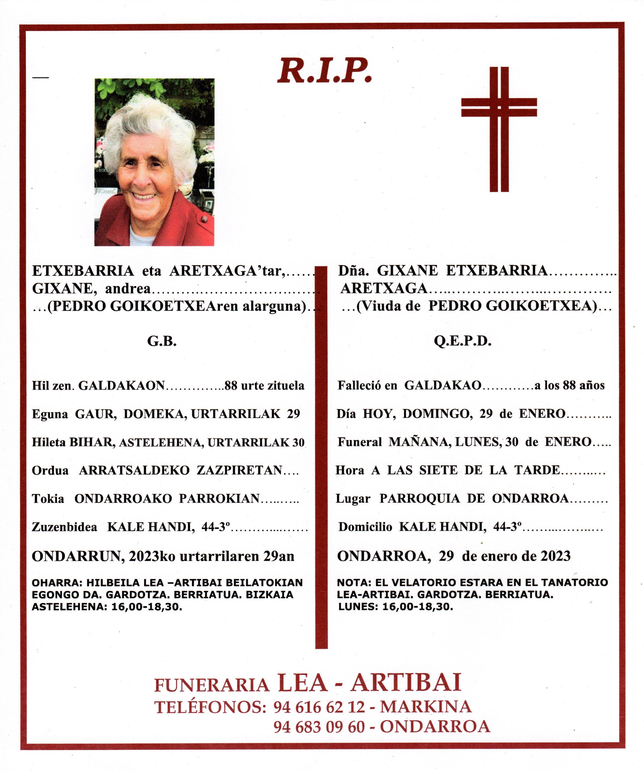 Esquela de Gixane Etxebarria Aretxaga