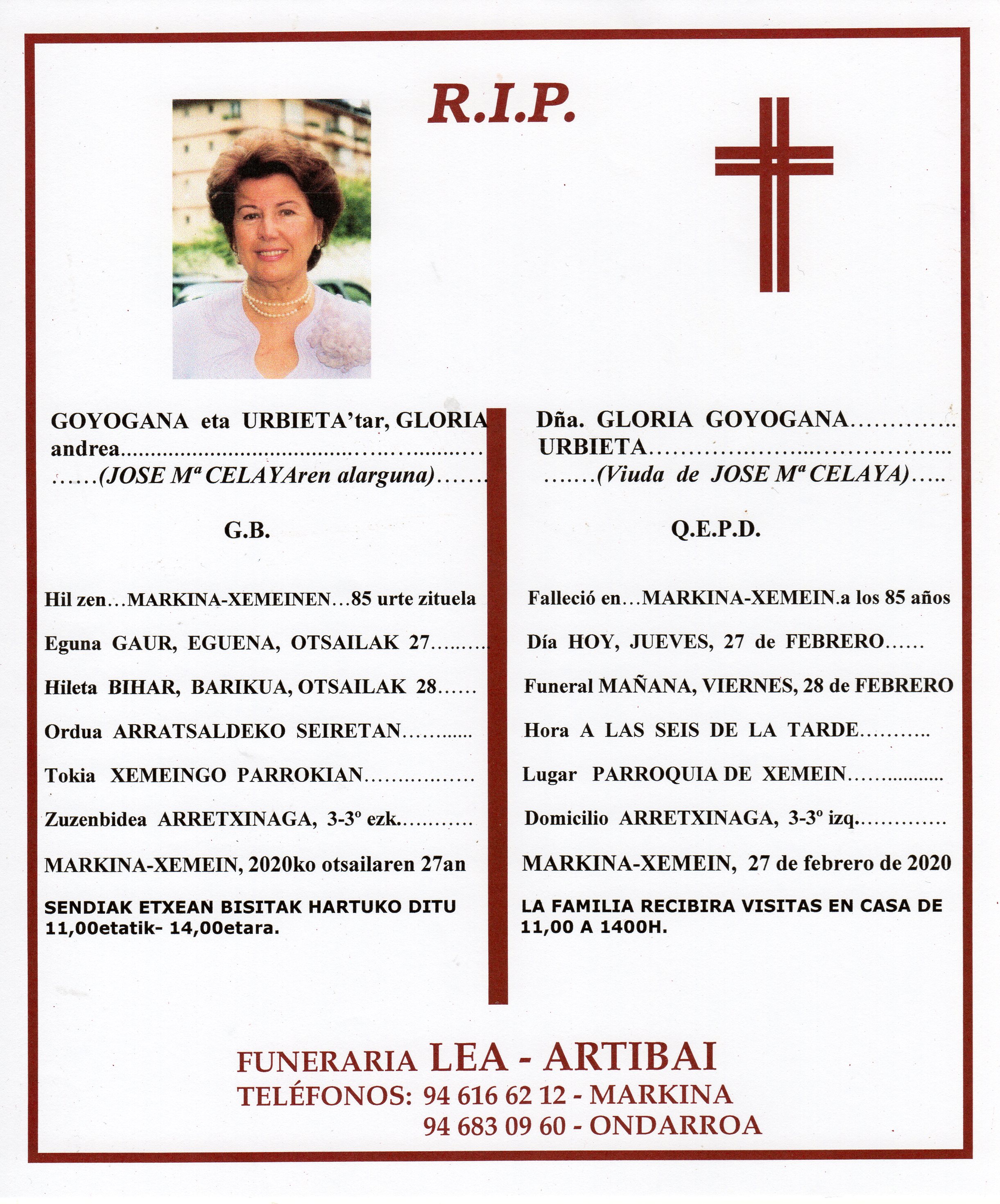 Esquela de Gloria Goyogana Urbieta