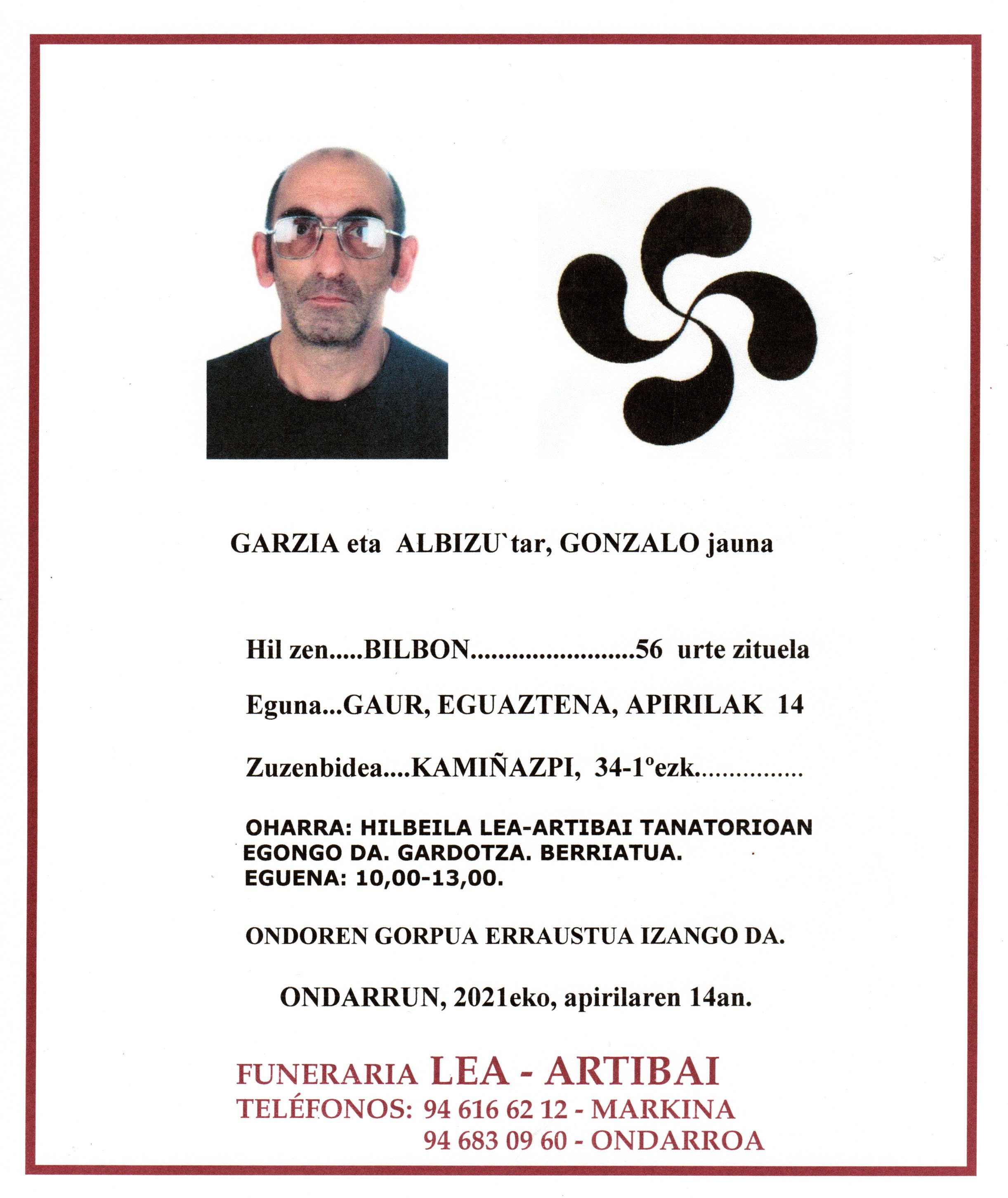 Esquela de Gonzalo Garzia Albizu
