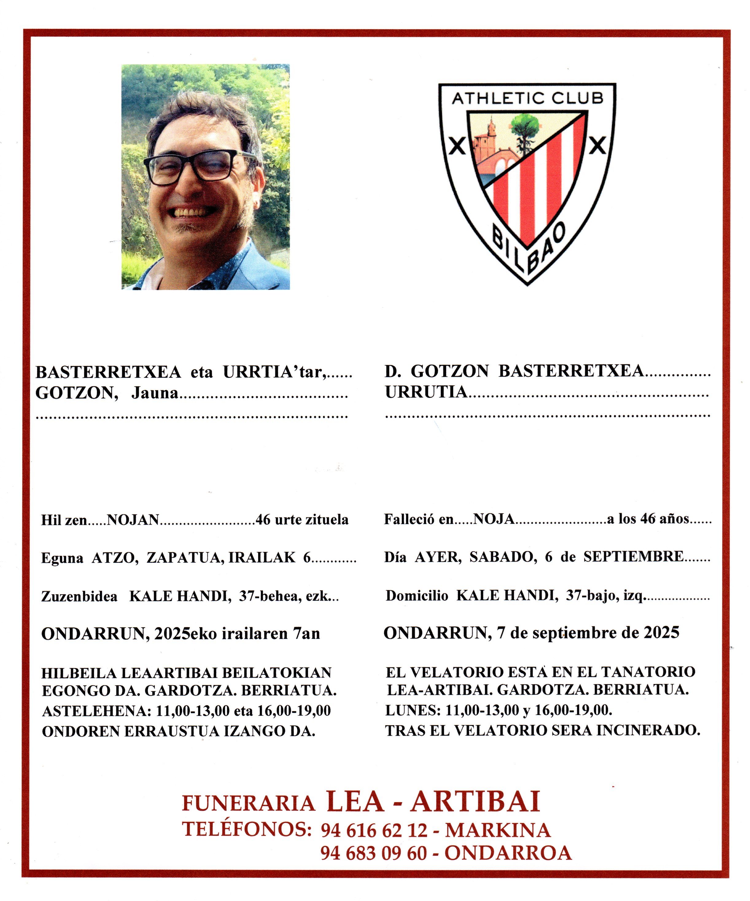 Esquela de Gotzon Basterretxea Urrutia