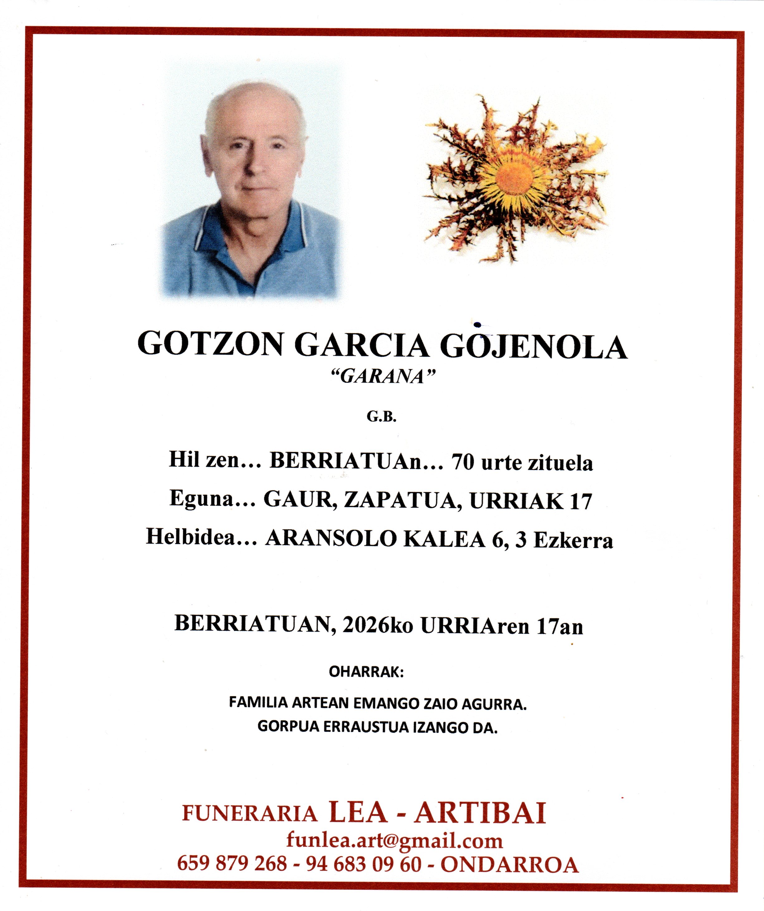 Esquela de Gotzon Garcia Gojenola