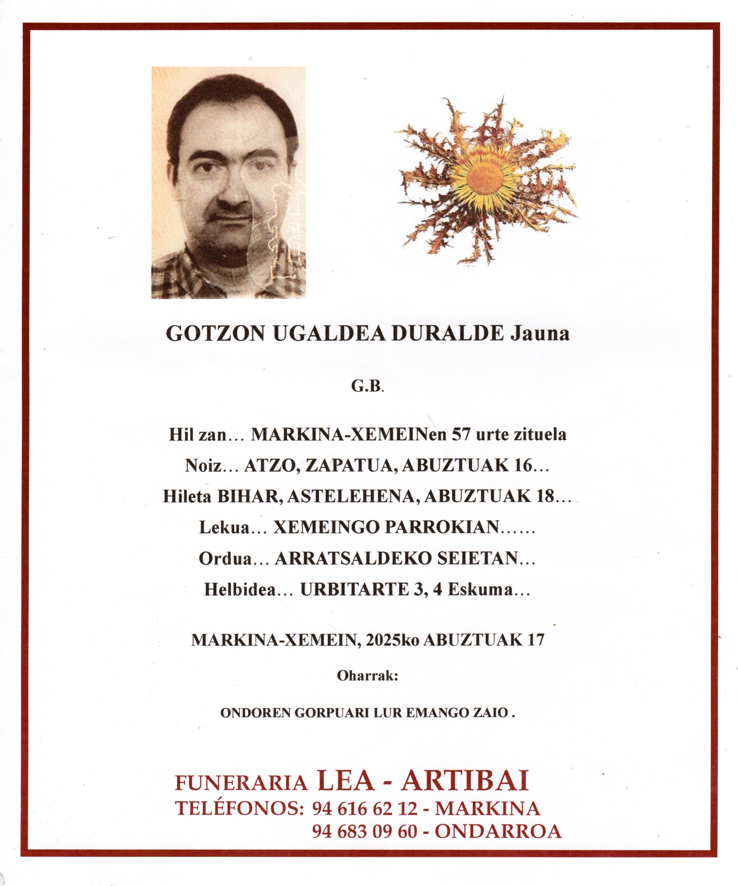 Esquela de Gotzon Ugaldea Duralde
