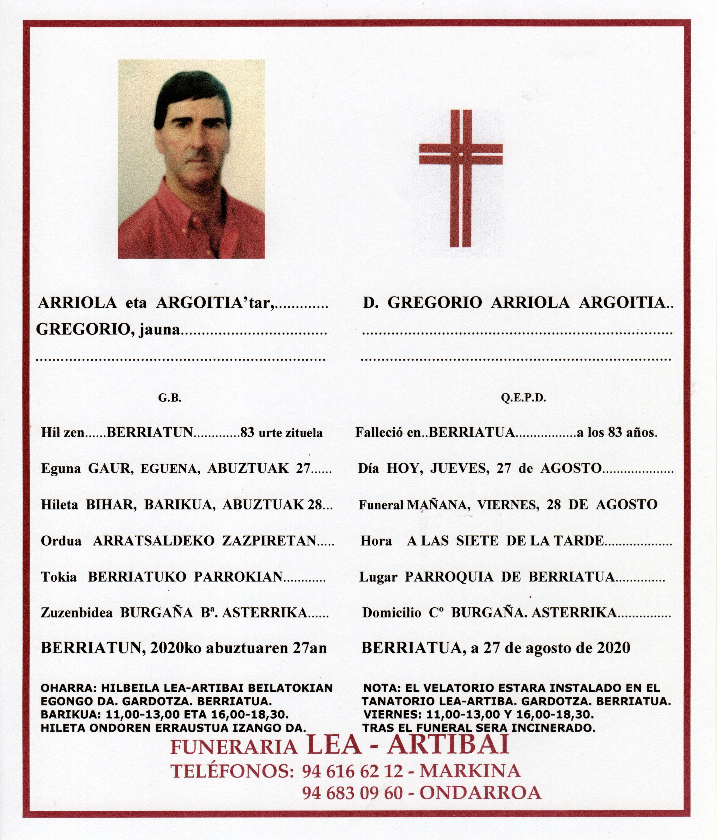 Esquela de Gregorio Arriola Argoitia