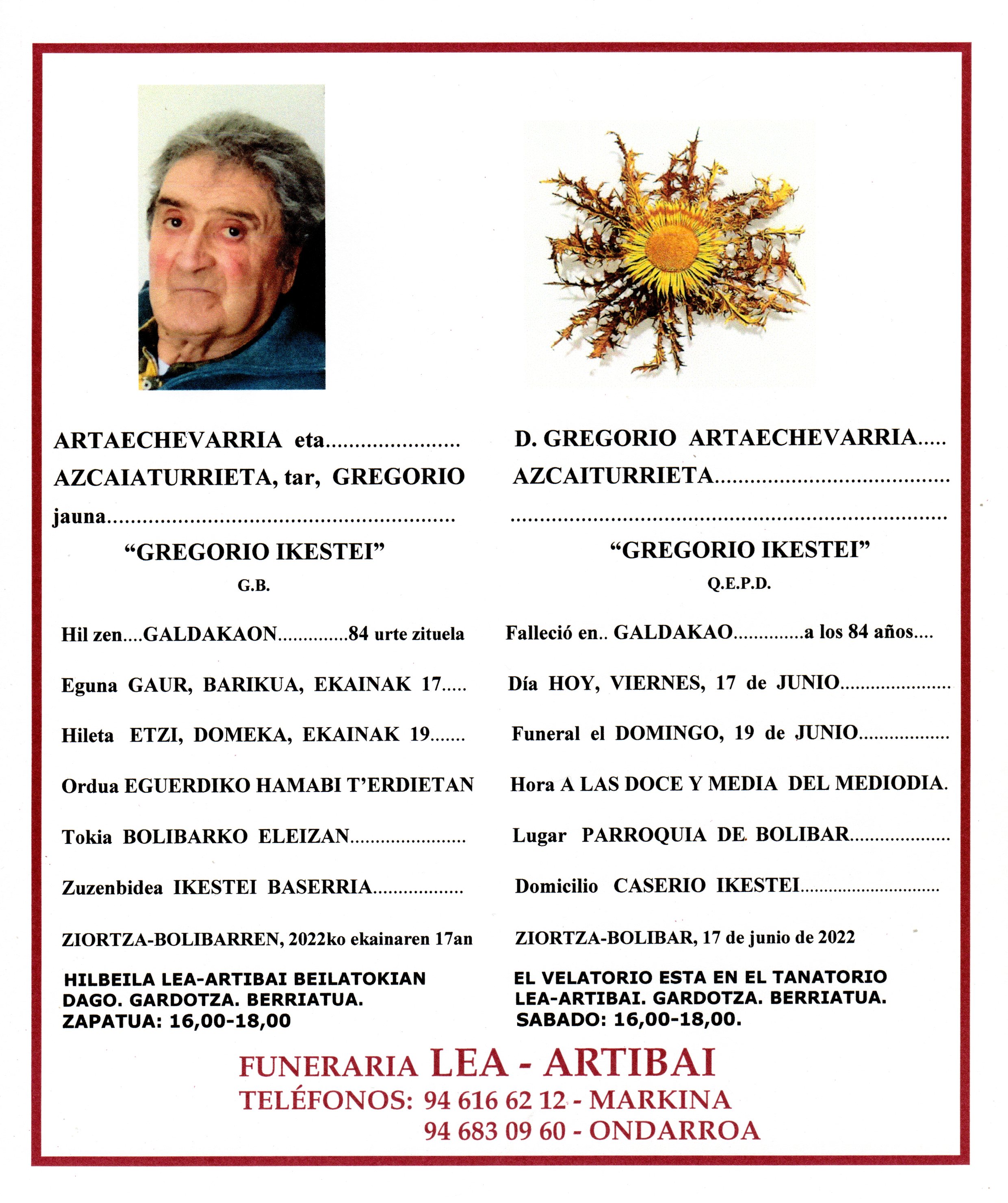 Esquela de Gregorio Artaechevarria Azcaiturrieta