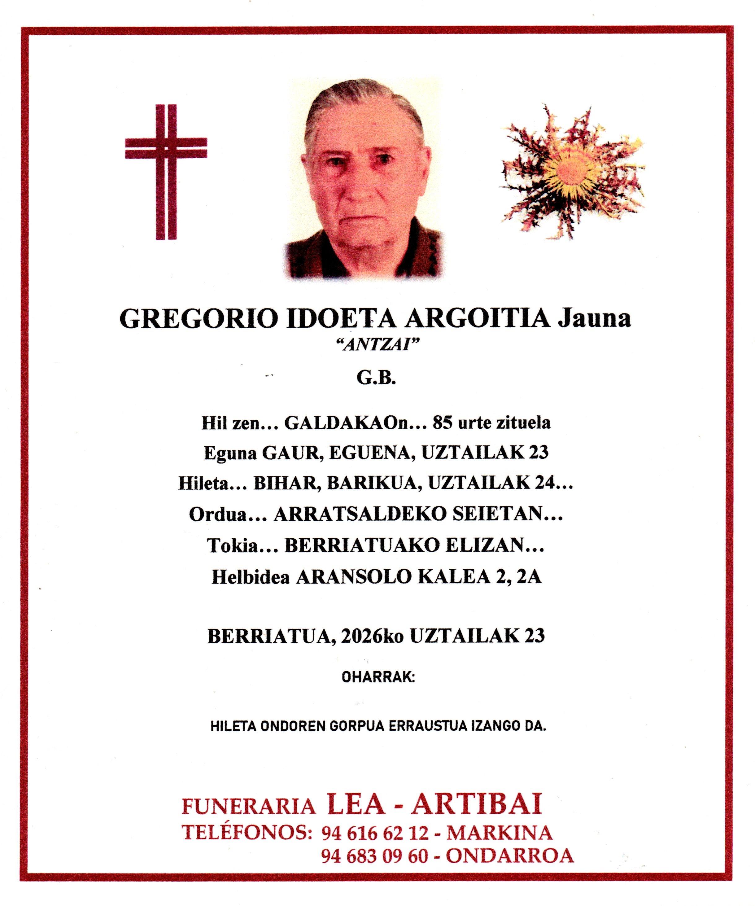 Esquela de Gregorio Idoeta Argoitia