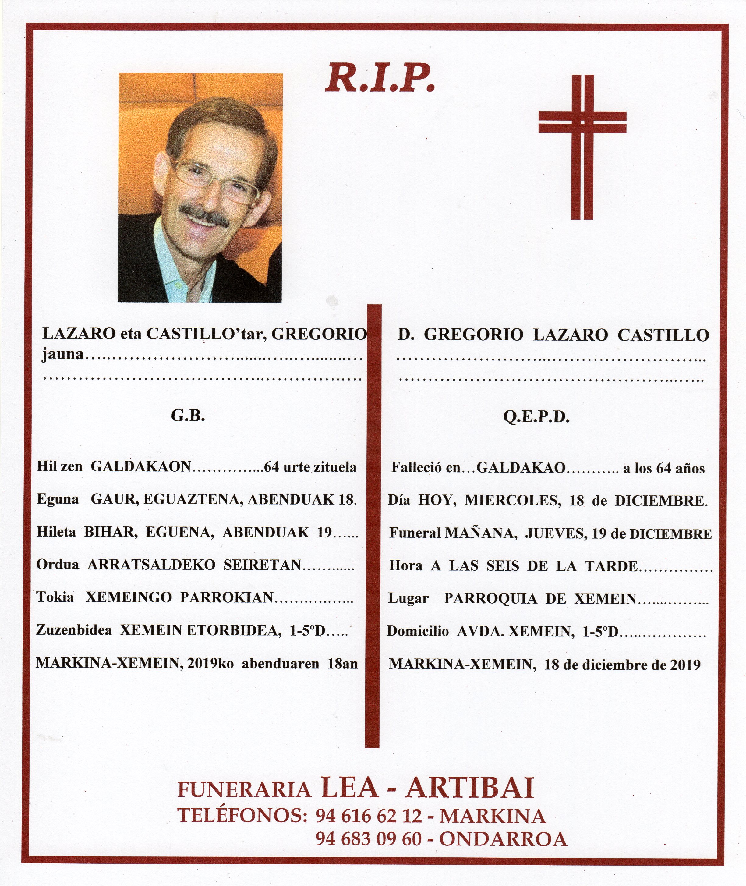Esquela de Gregorio Lazaro Castillo