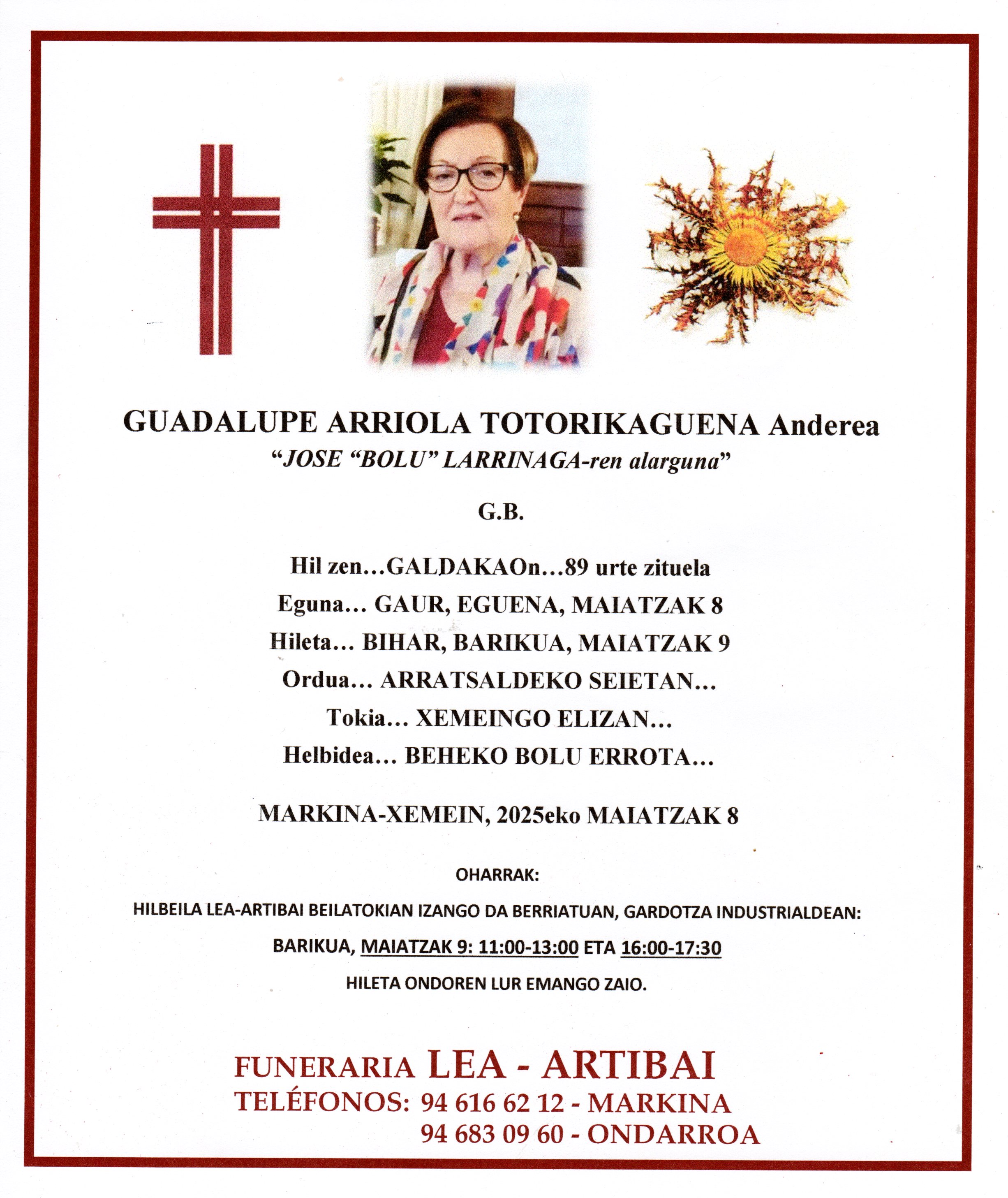 Esquela de Guadalupe Arriola Totorikaguena