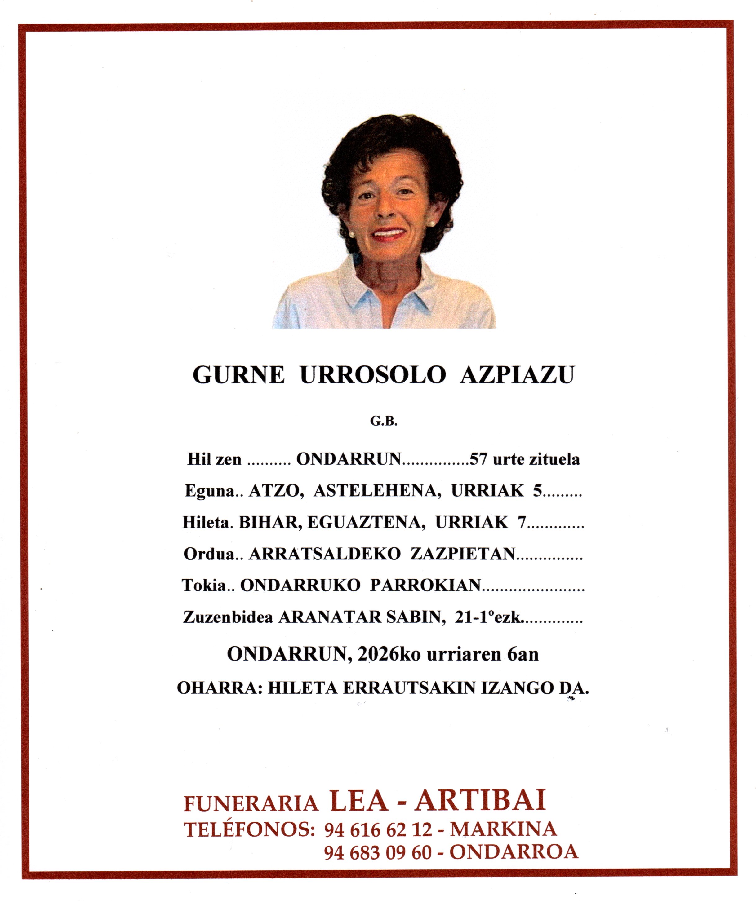 Esquela de Gurne Urrosolo Azpiazu