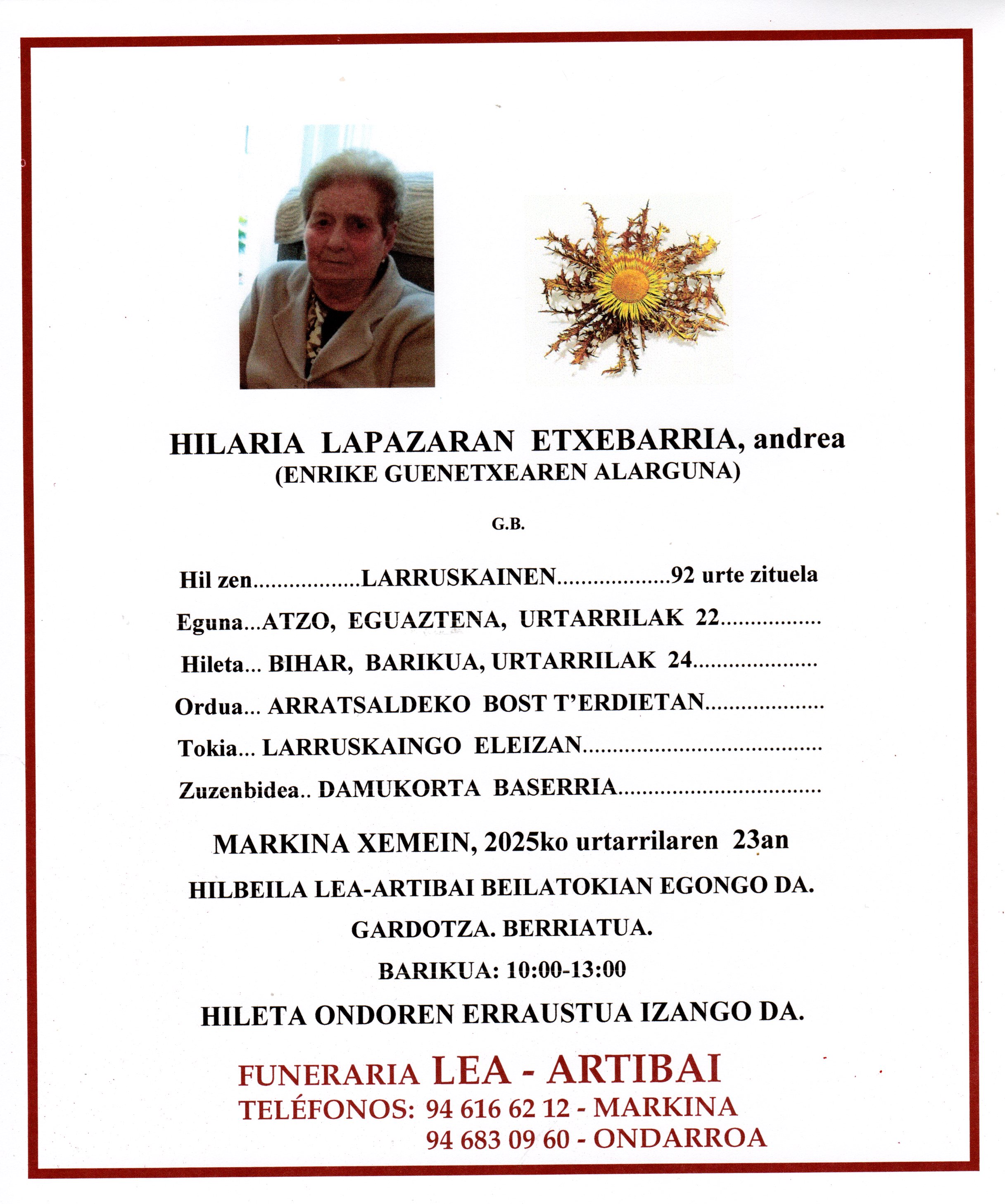 Esquela de Hilaria Lapazaran Etxebarria