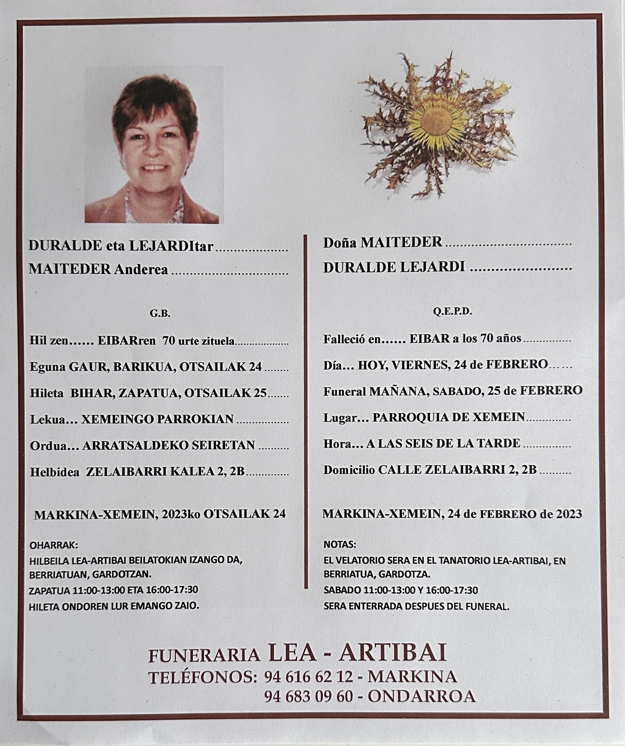Esquela de Maiteder Duralde Lejardi