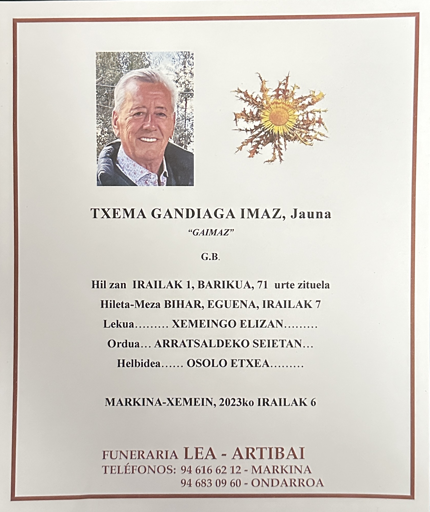 Esquela de Txema Gandiaga Imaz