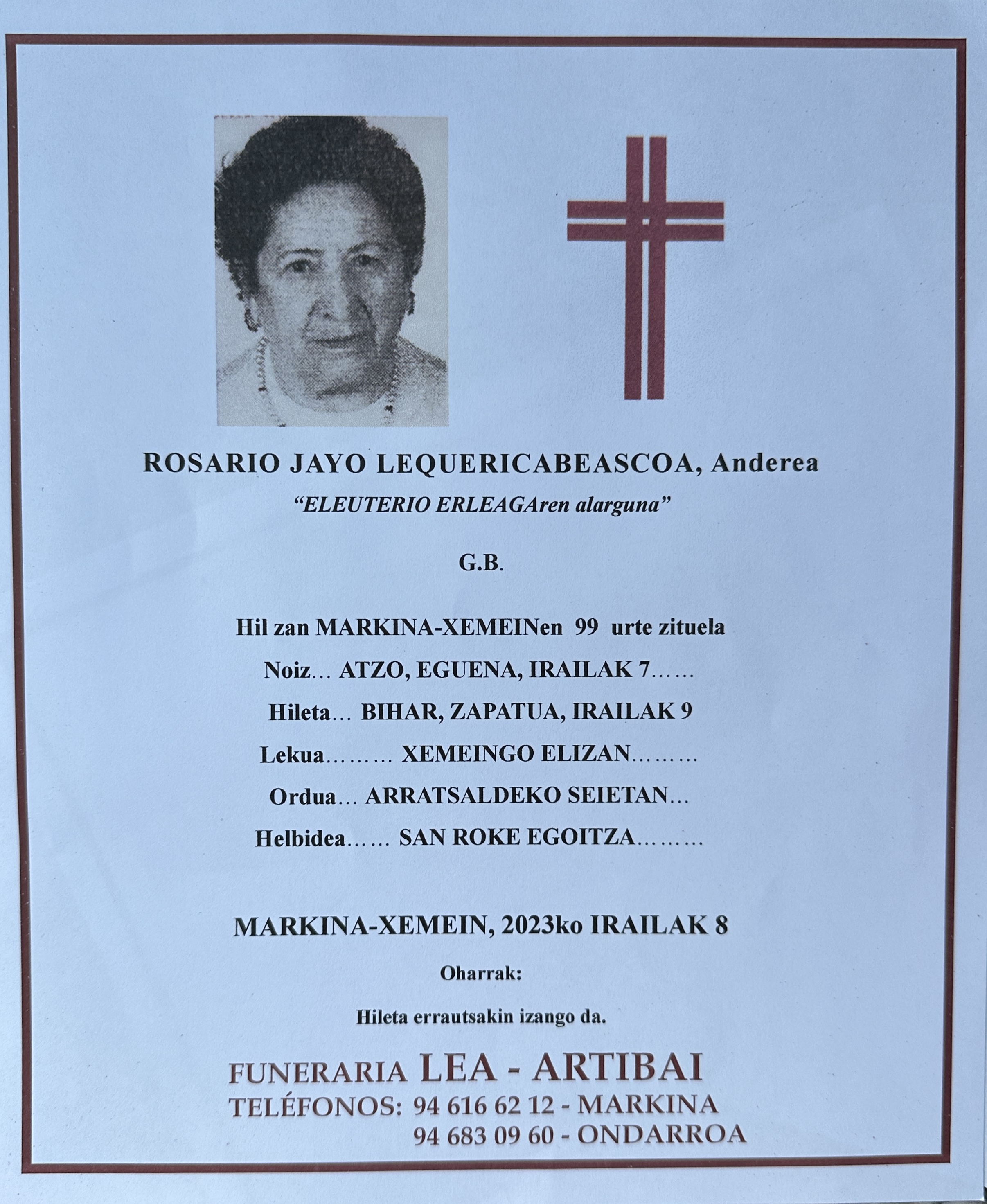 Esquela de Rosario Jayo Lequericabeascoa