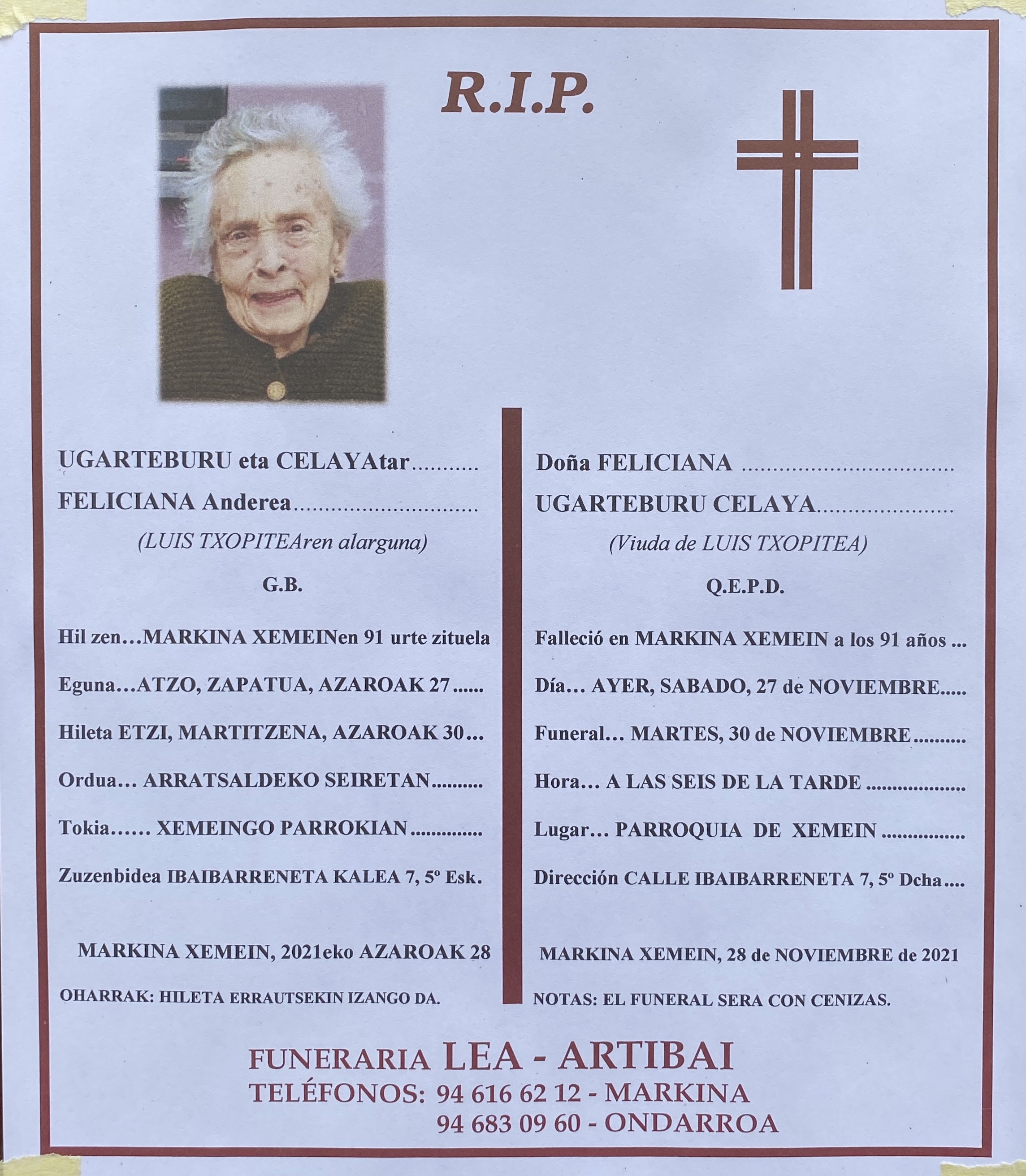 Esquela de Feliciana Ugarteburu Celaya
