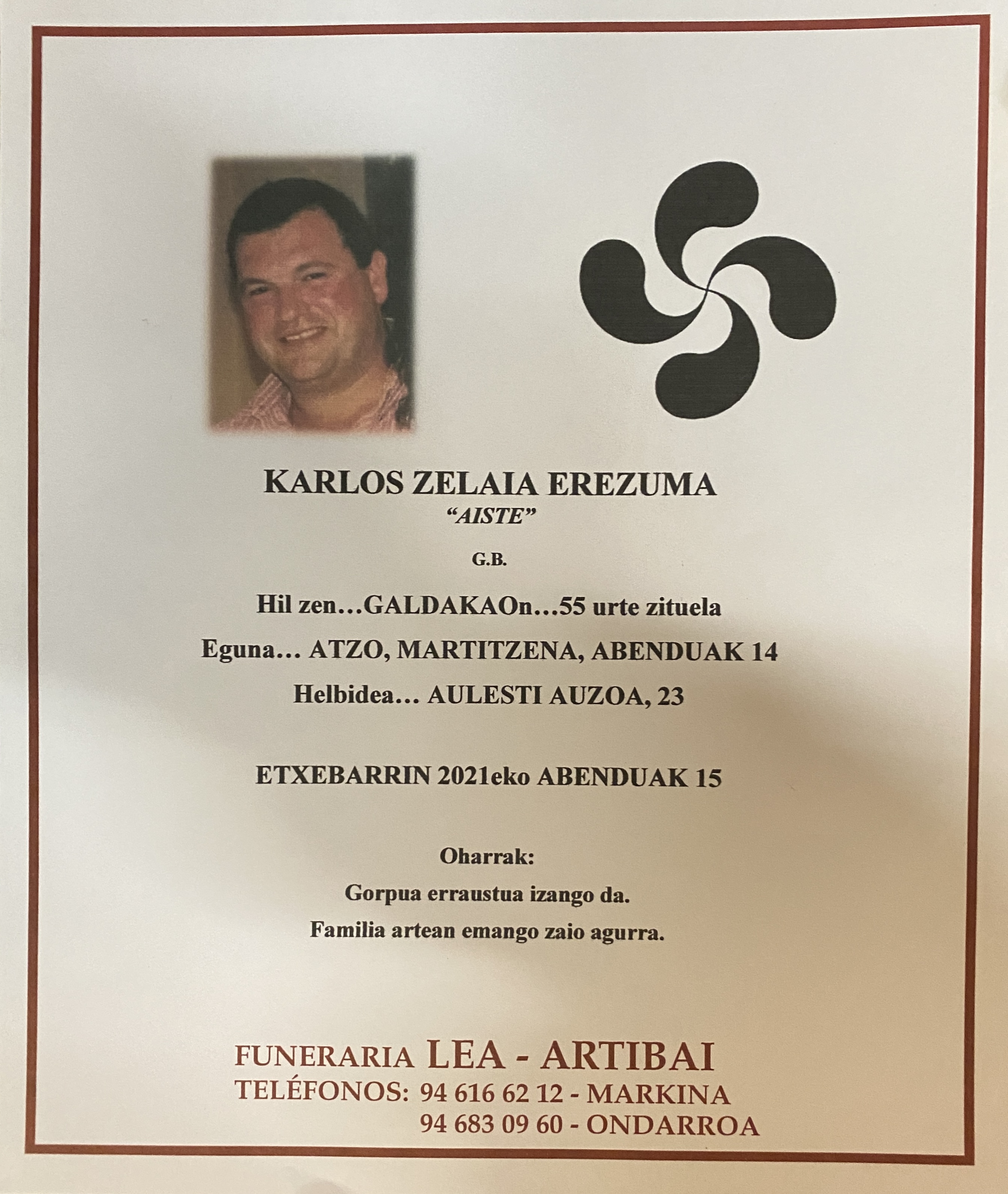 Esquela de Karlos Zelaia Erezuma
