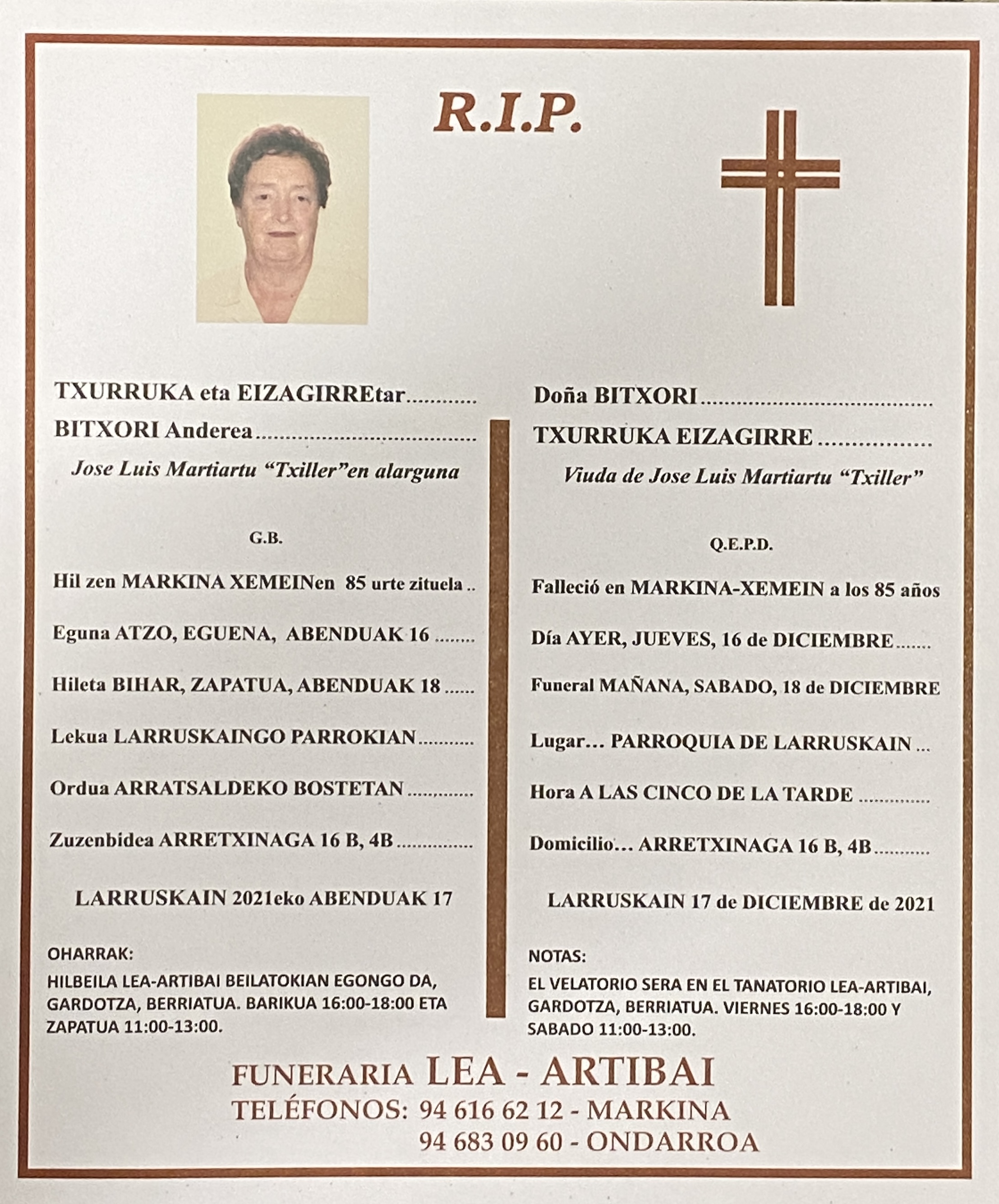 Esquela de Bitxori Txurruka Eizagirre