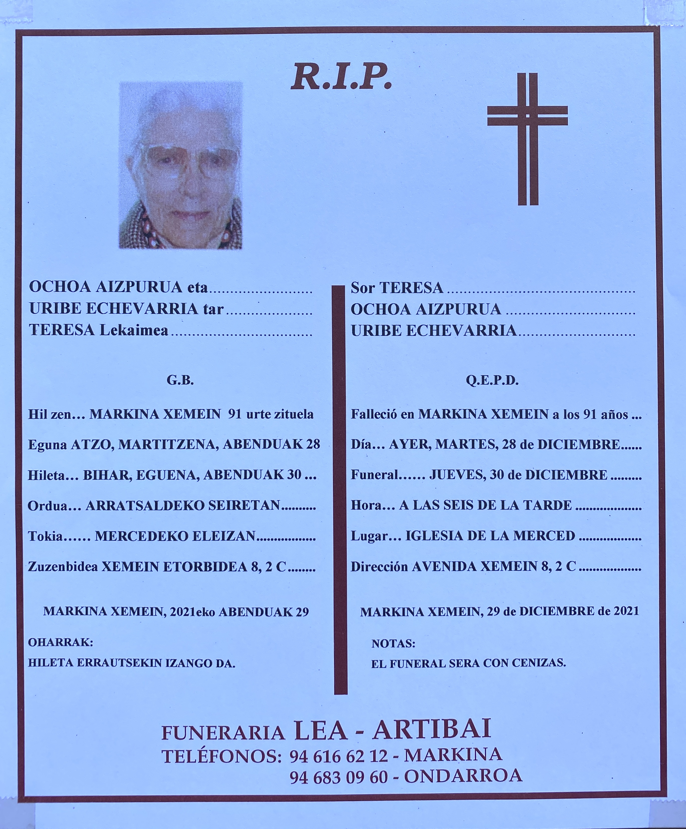 Esquela de Teresa Ochoa Aizpurua Uribe Echevarria