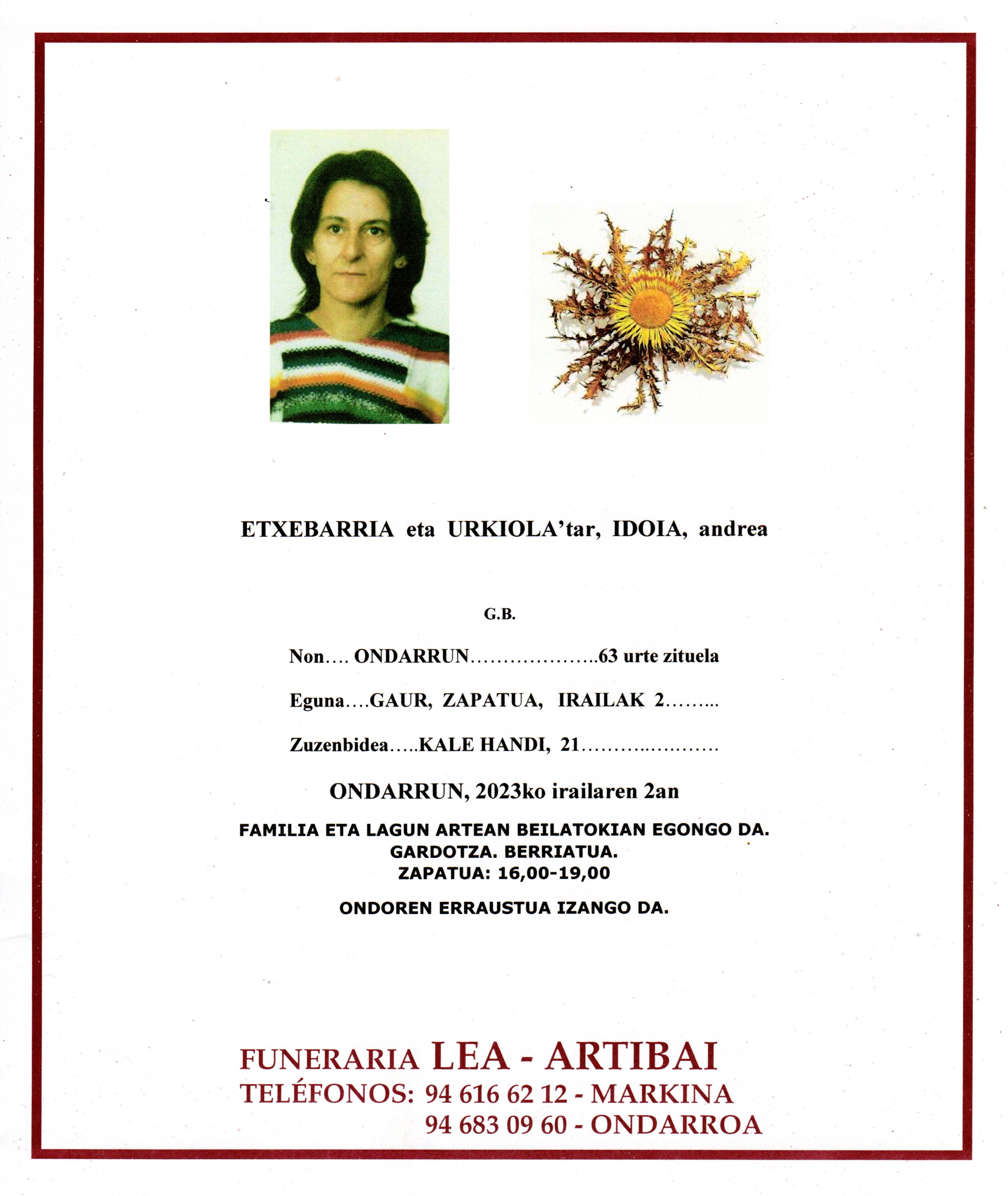 Esquela de Idoia Etxebarria Urkiola