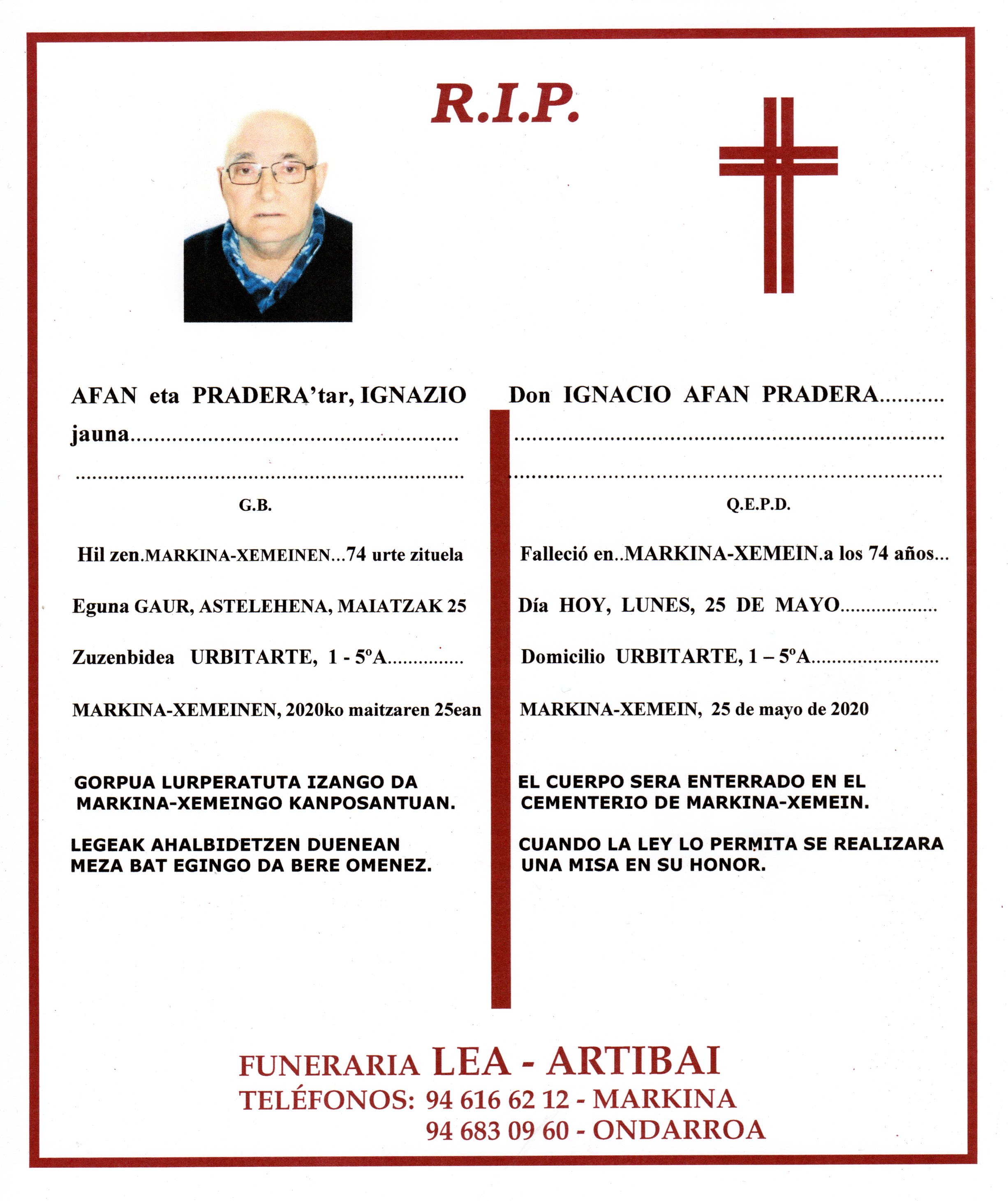 Esquela de Ignacio Afan Pradera