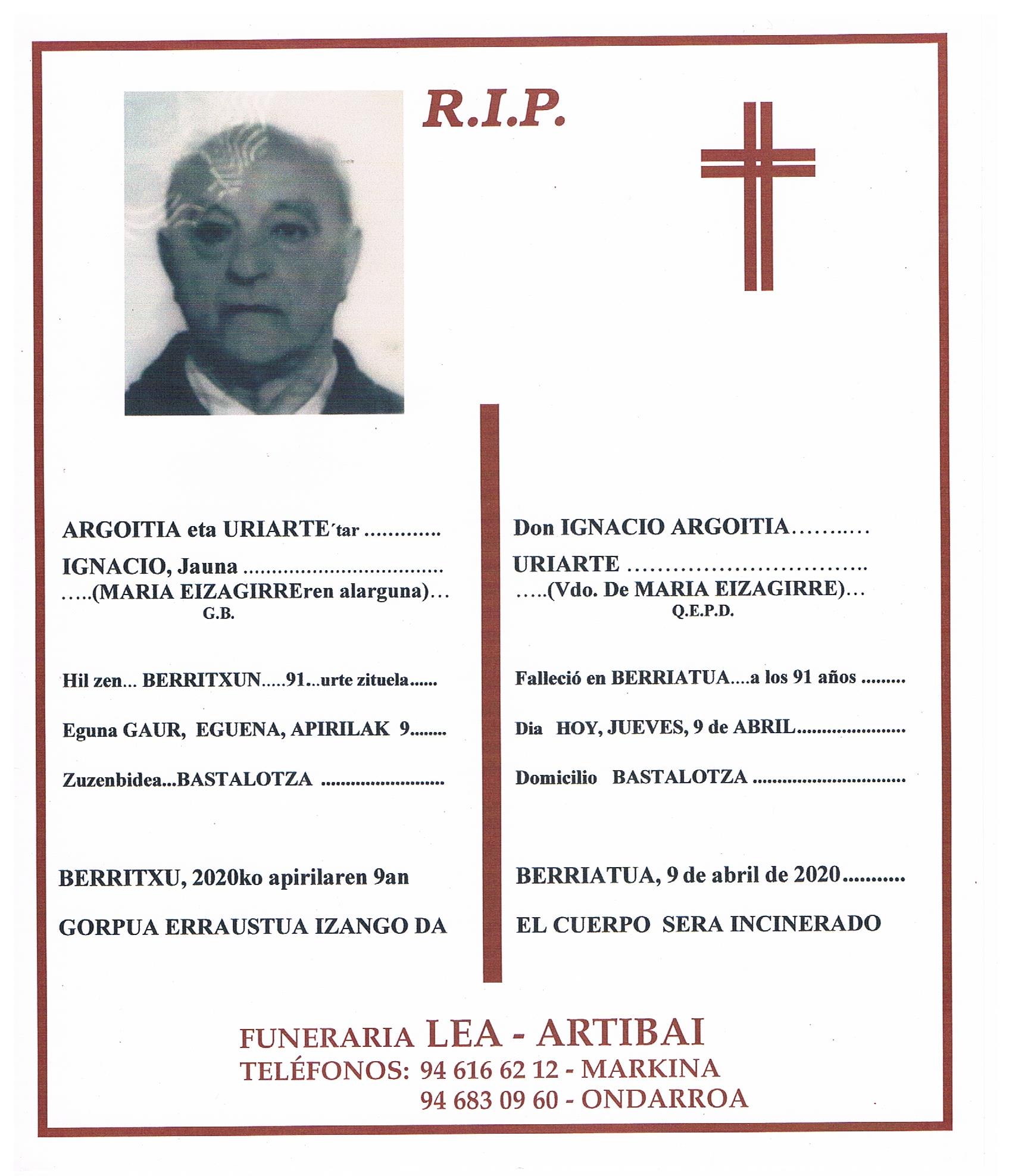 Esquela de Ignacio Argoitia Uriarte