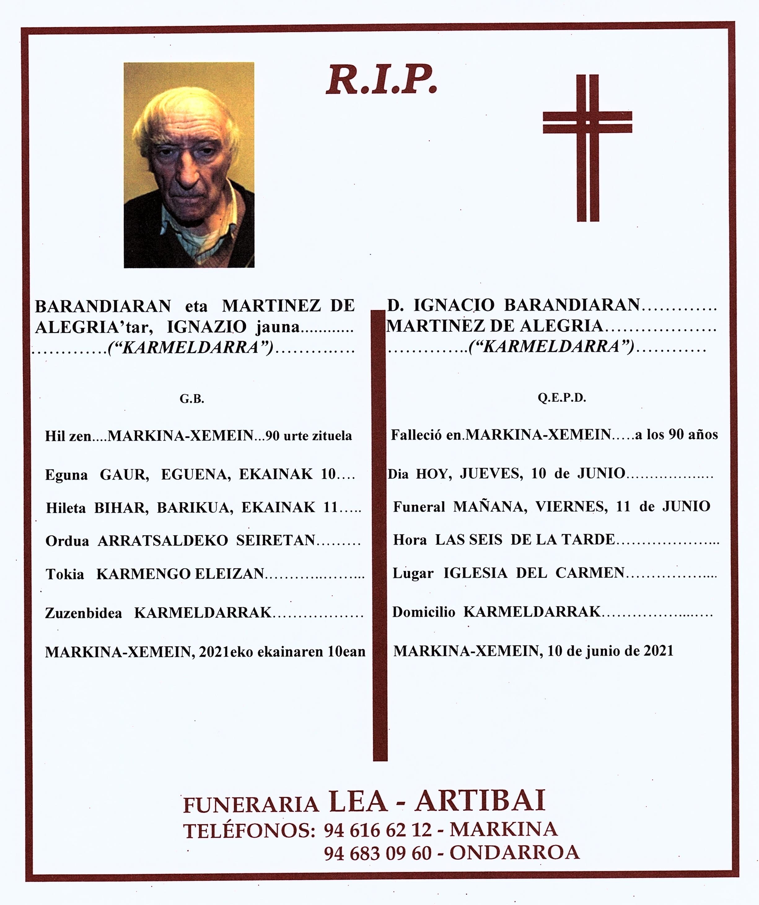 Esquela de Ignacio Barandiaran Martinez de Alegria