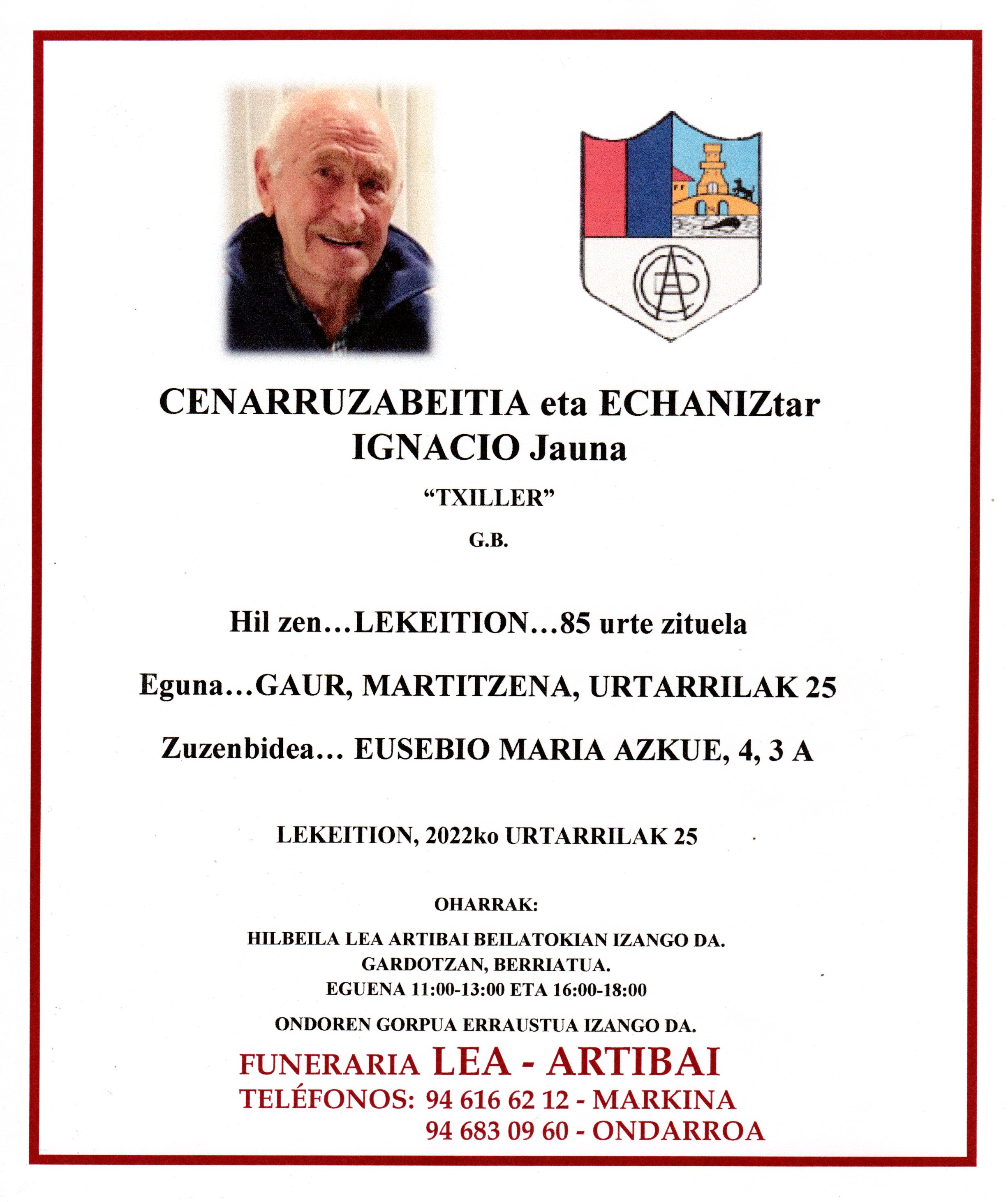 Esquela de Ignacio Cenarruzabeitia Echaniz