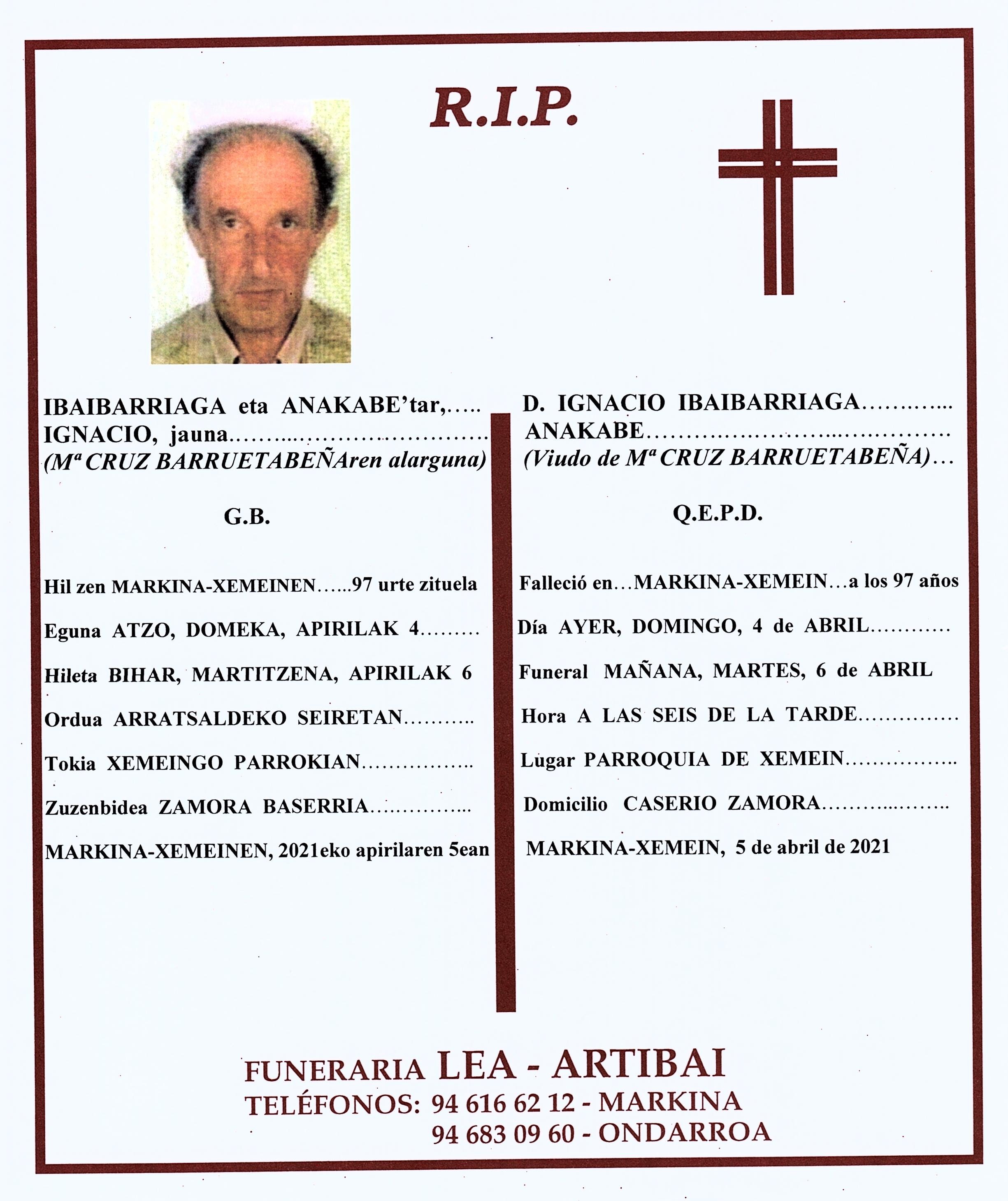 Esquela de Ignacio Ibaibarriaga Anakabe