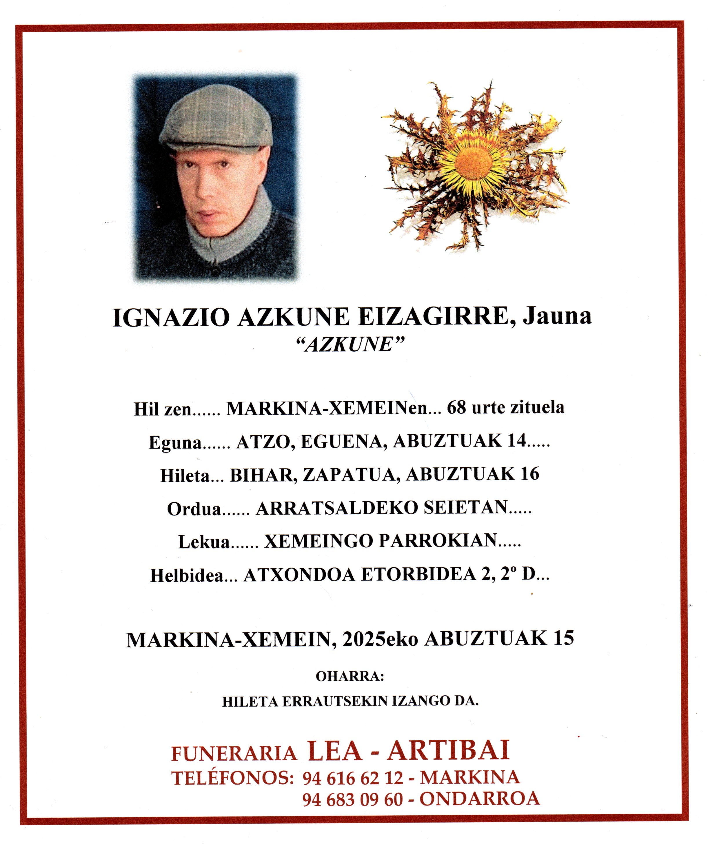 Esquela de Ignazio Azkune Eizagirre