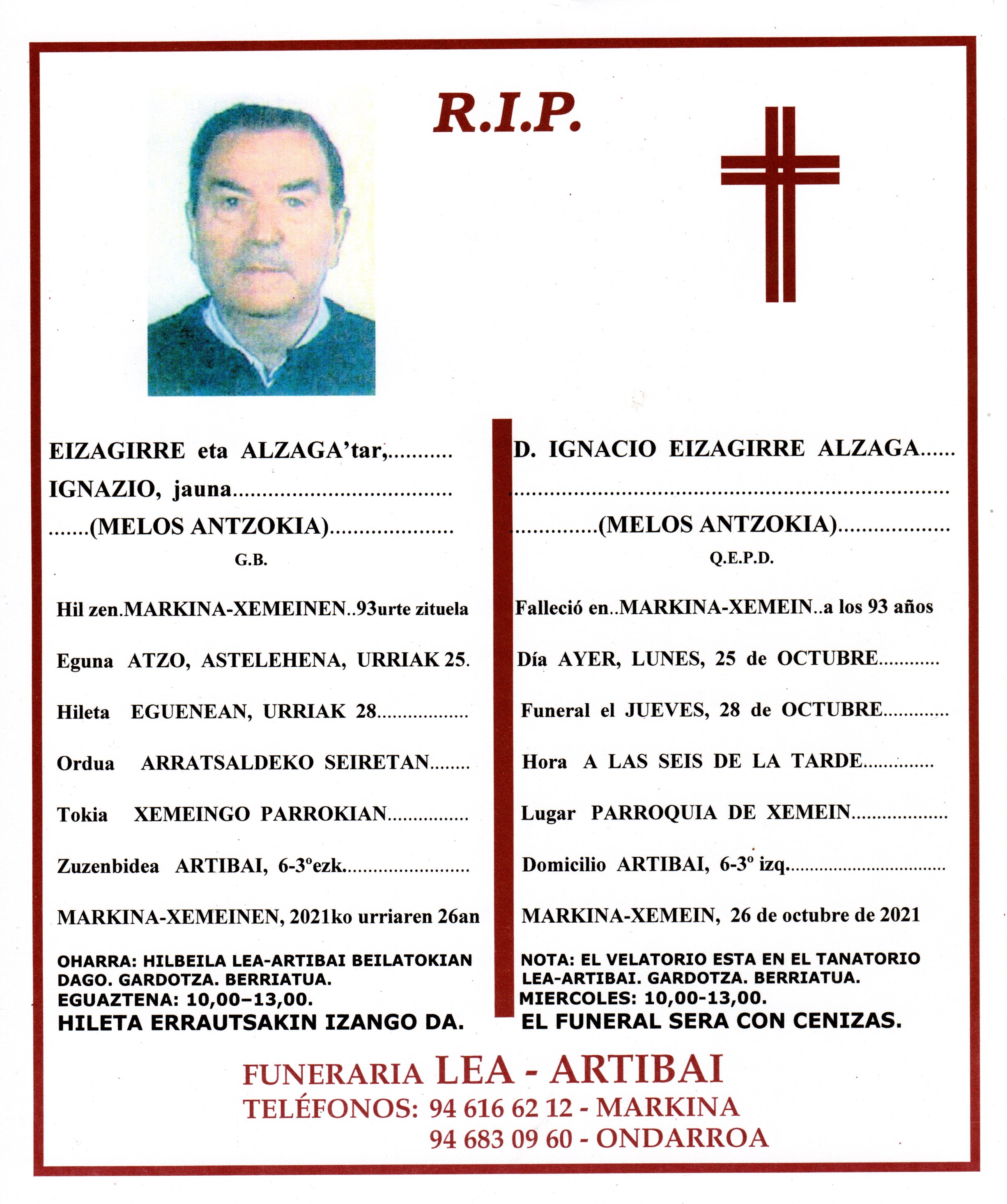 Esquela de Ignacio Eizagirre Alzaga