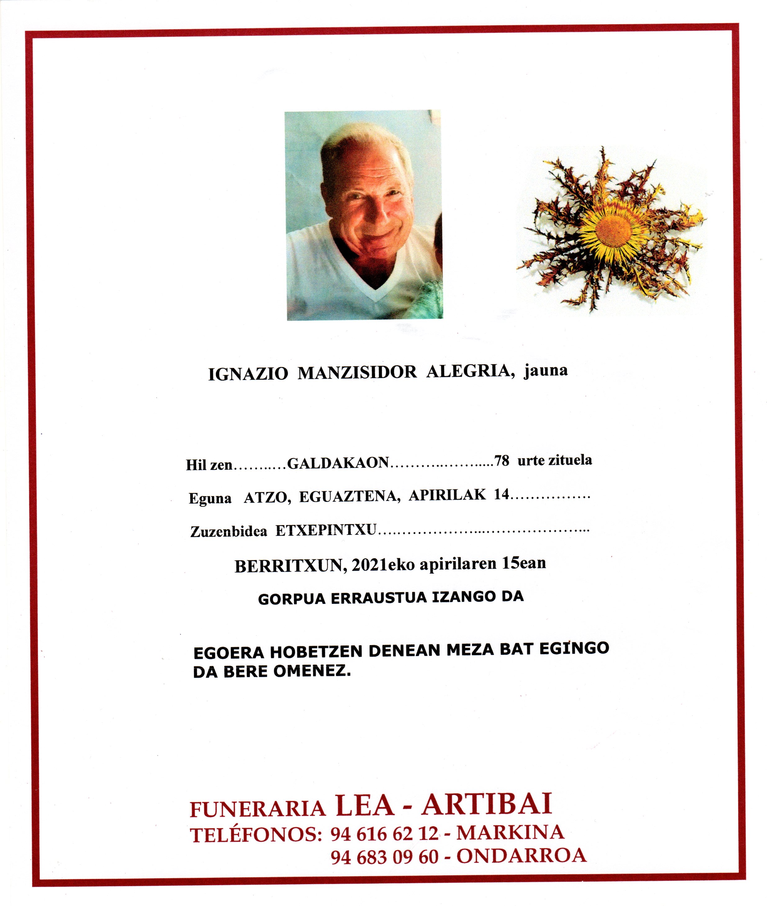 Esquela de Ignazio Manzisidor Alegria