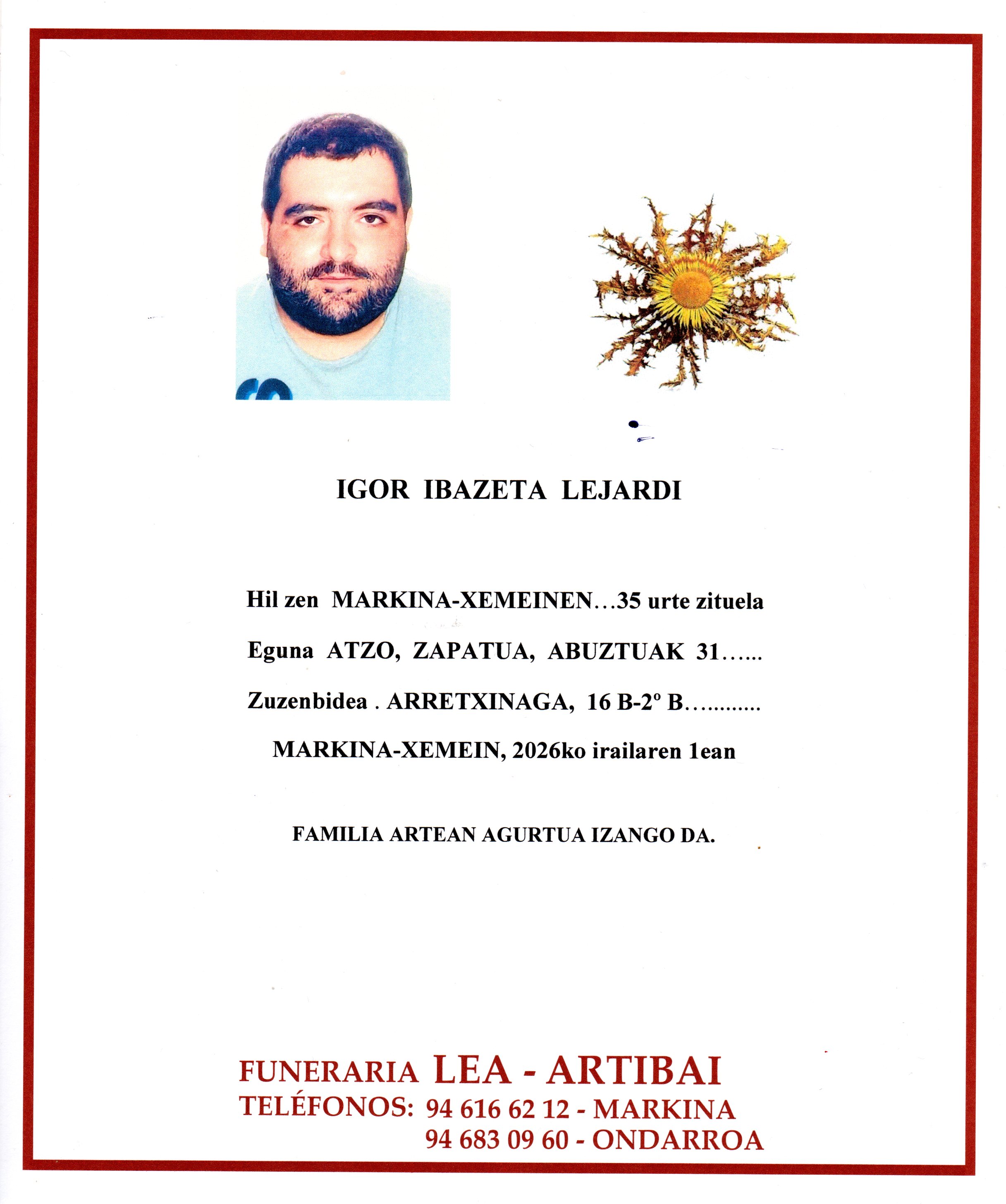 Esquela de Igor Ibazeta Lejardi