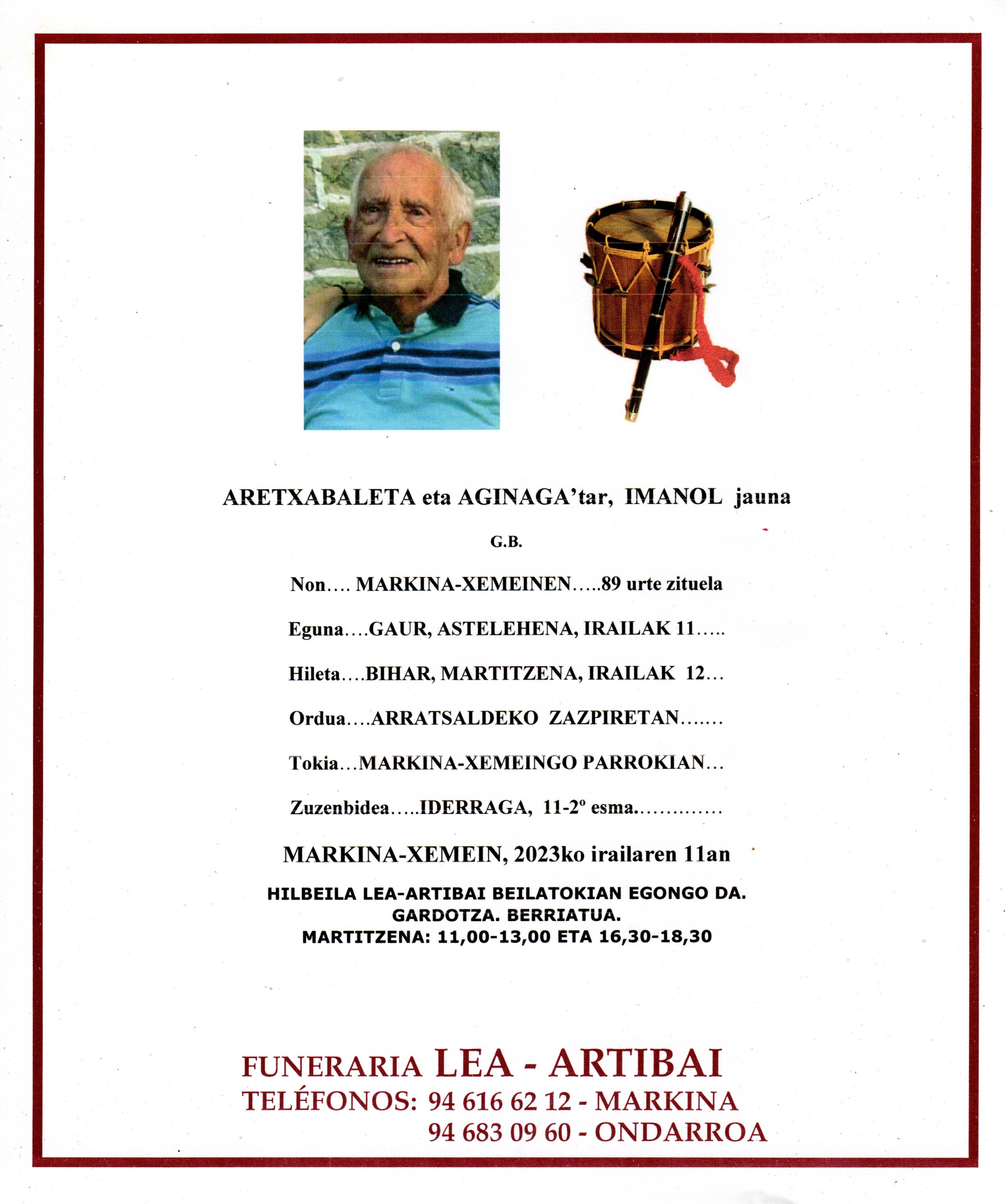 Esquela de Imanol Aretxabaleta Aginaga