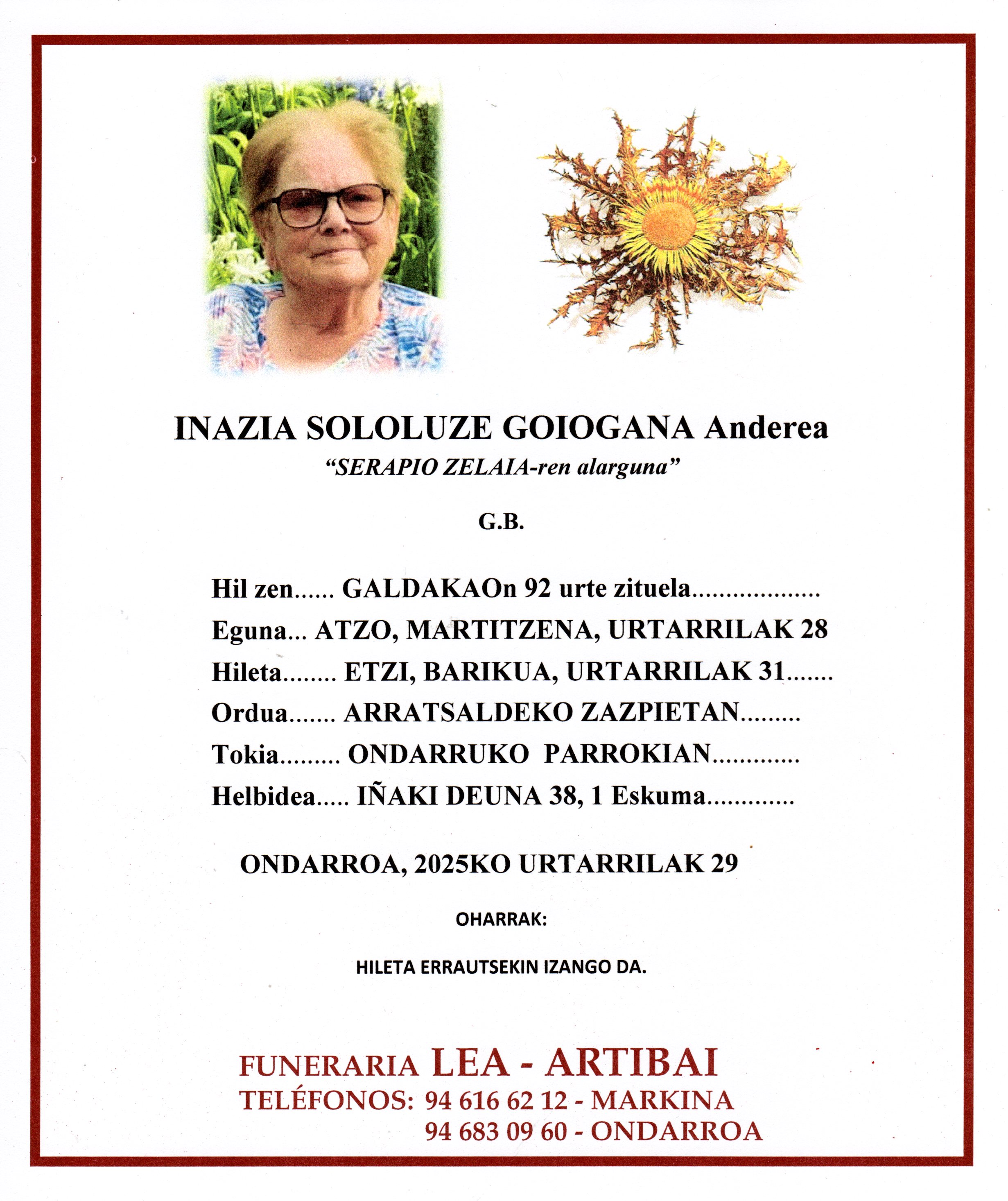 Esquela de Inazia Sololuze Goiogana