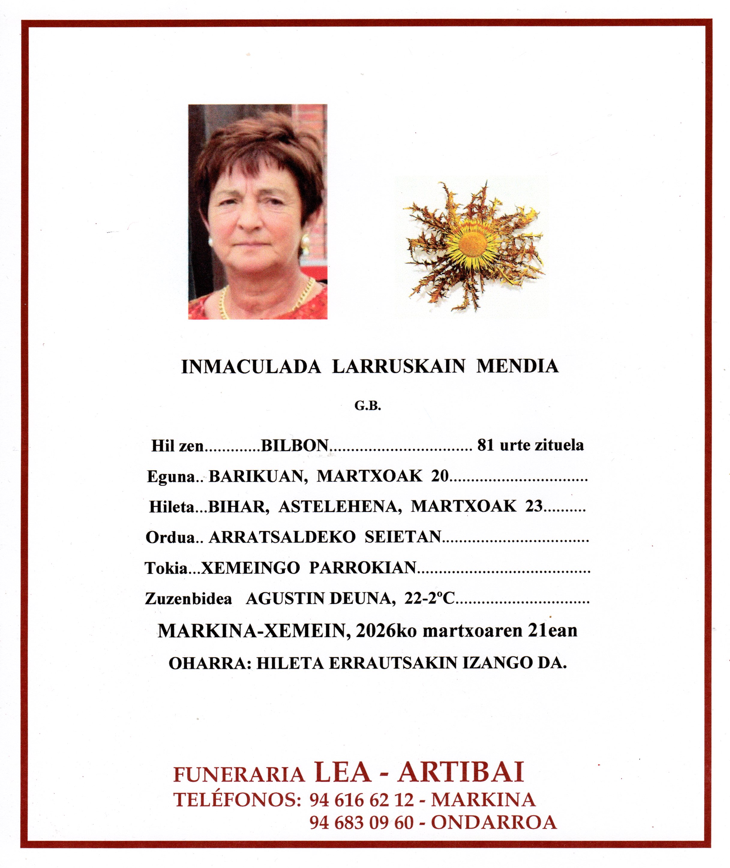 Esquela de Inmaculada Larruskain Mendia