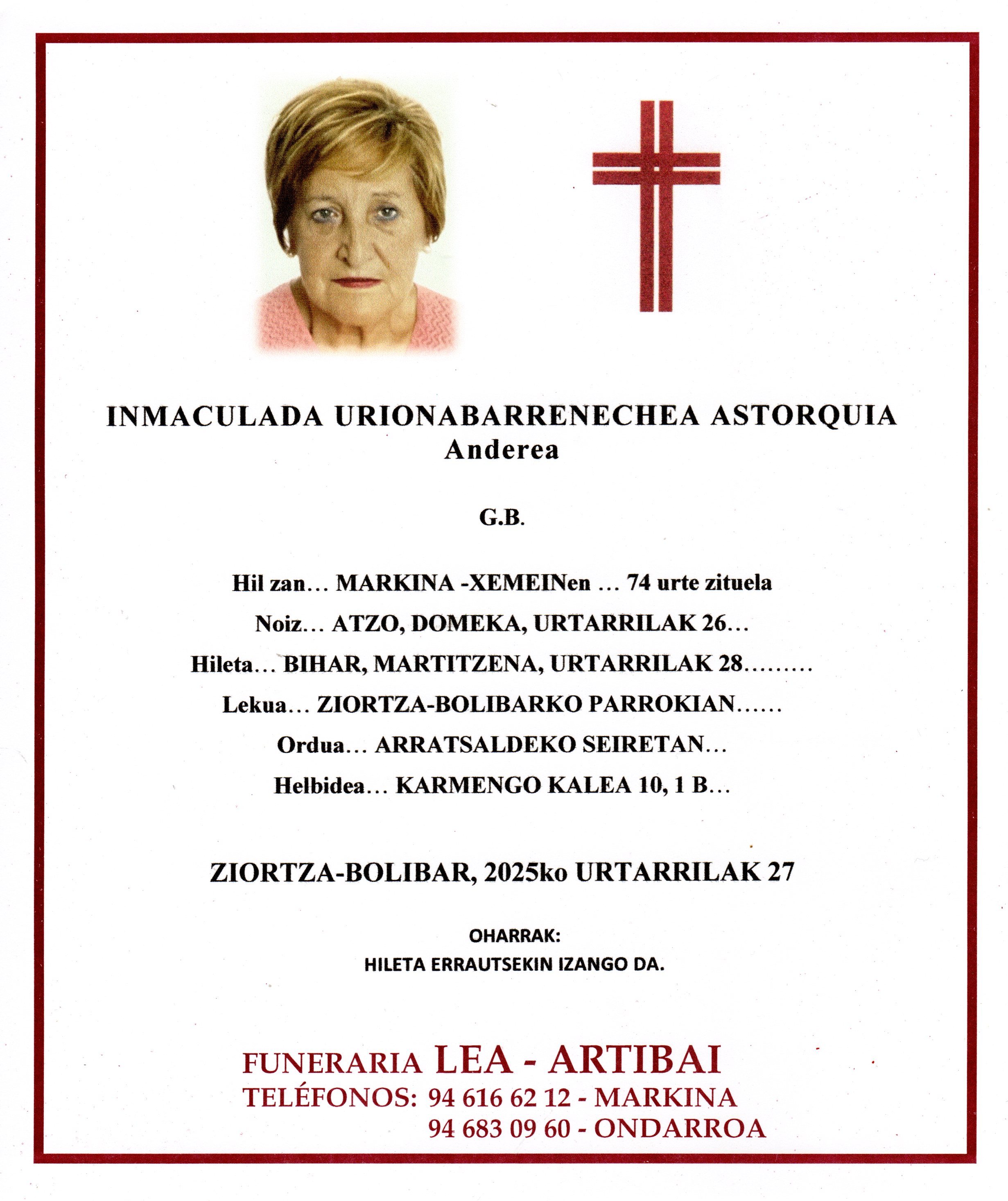 Esquela de Inmaculada Urionabarrenechea Astorquia