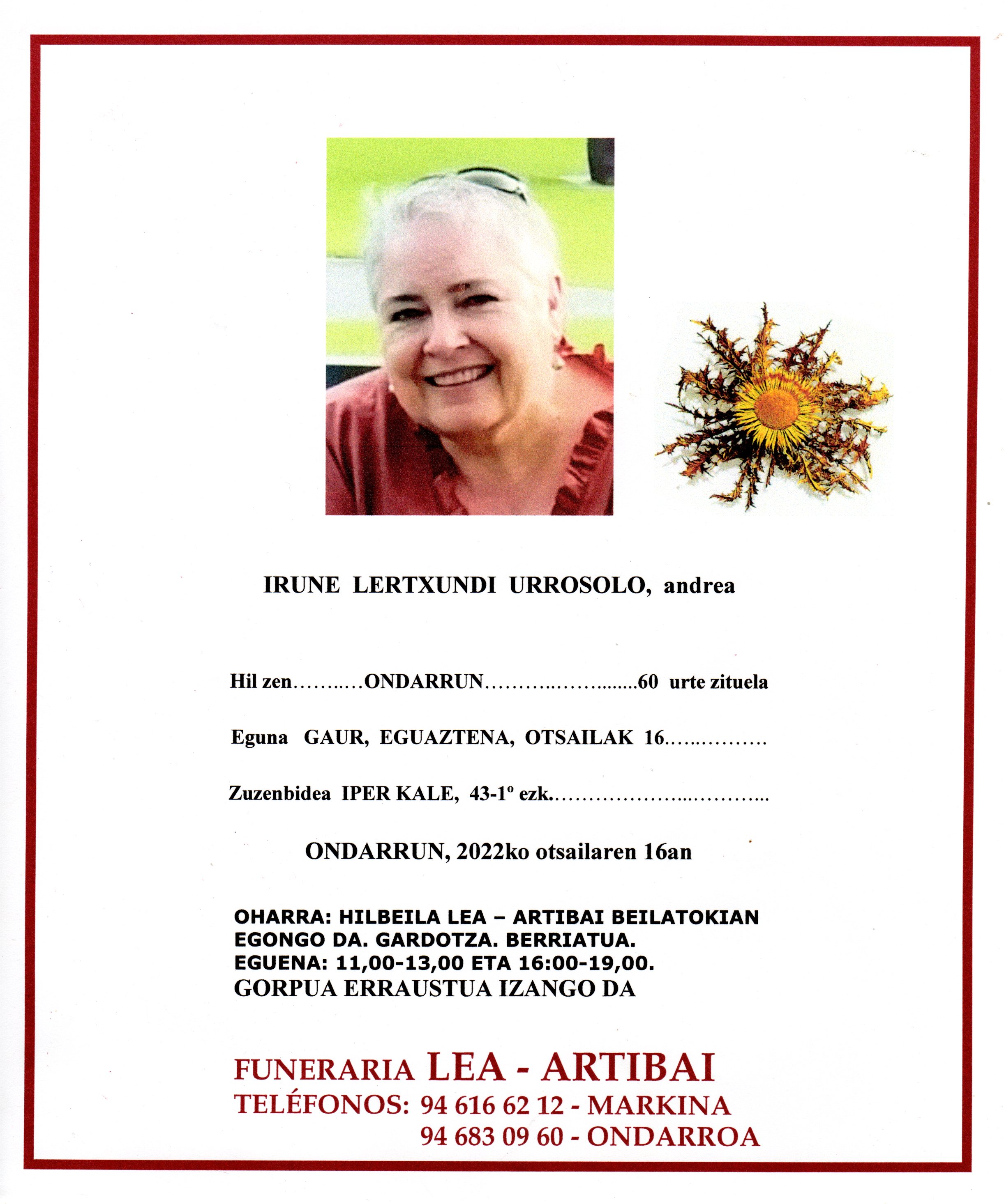 Esquela de Irune Lertxundi Urrosolo