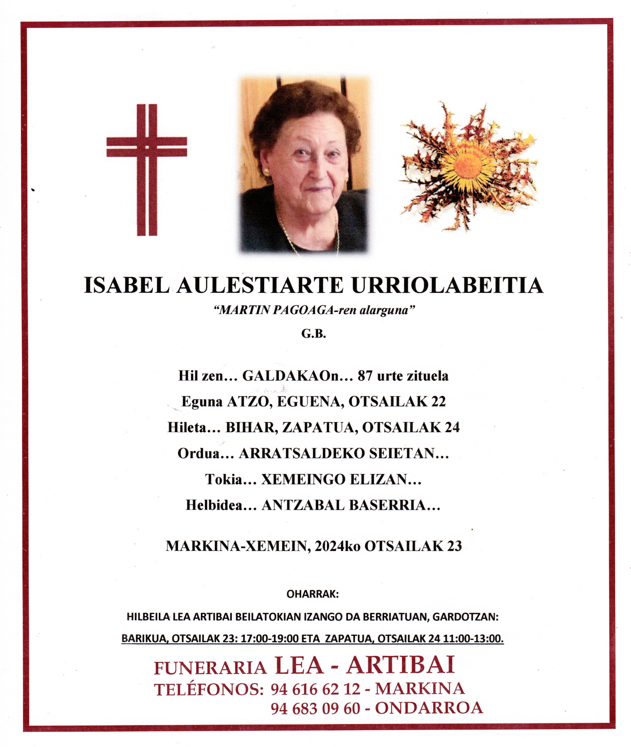 Esquela de Isabel Aulestiarte Urriolabeitia