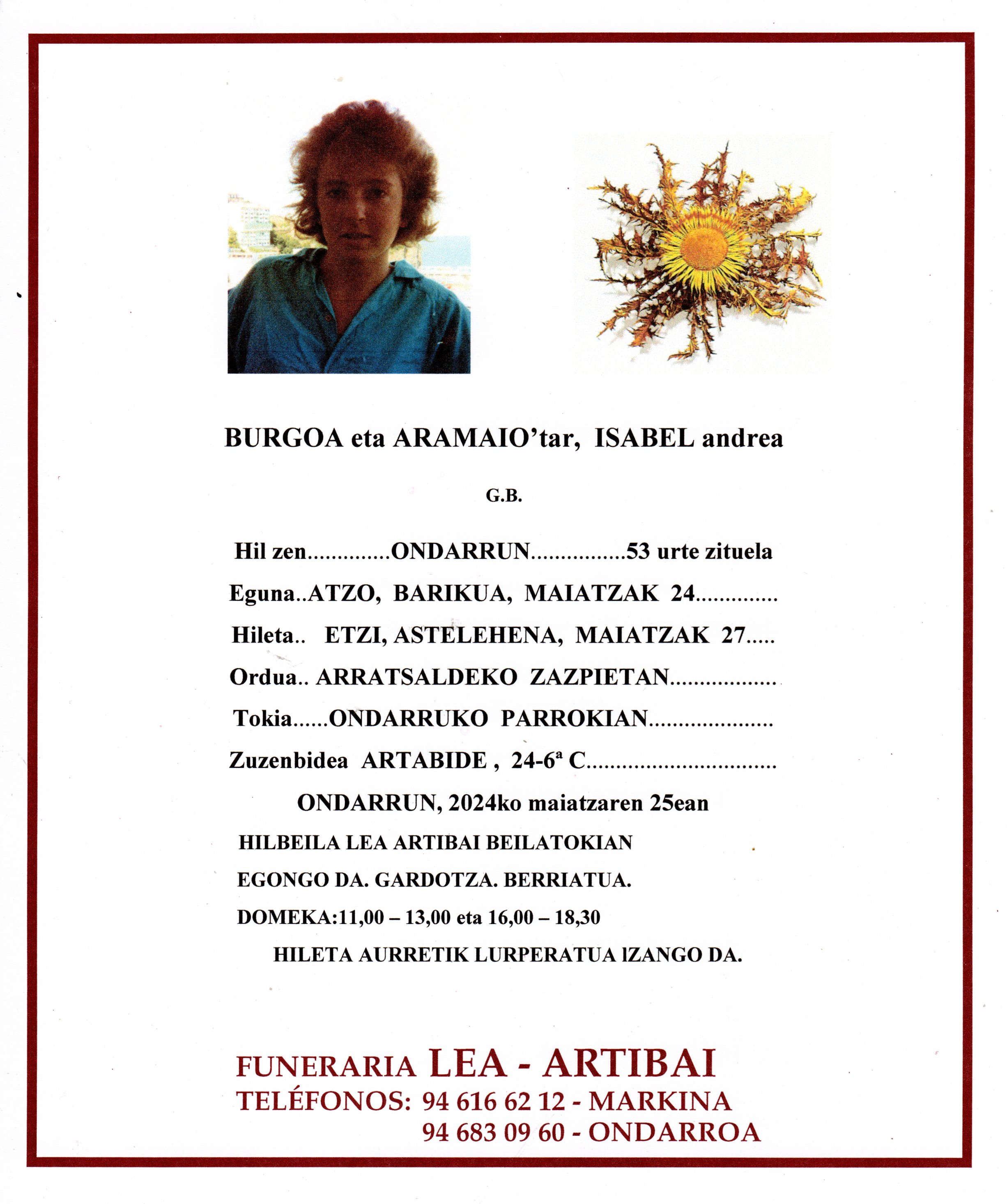 Esquela de Isabel Burgoa Aramaio