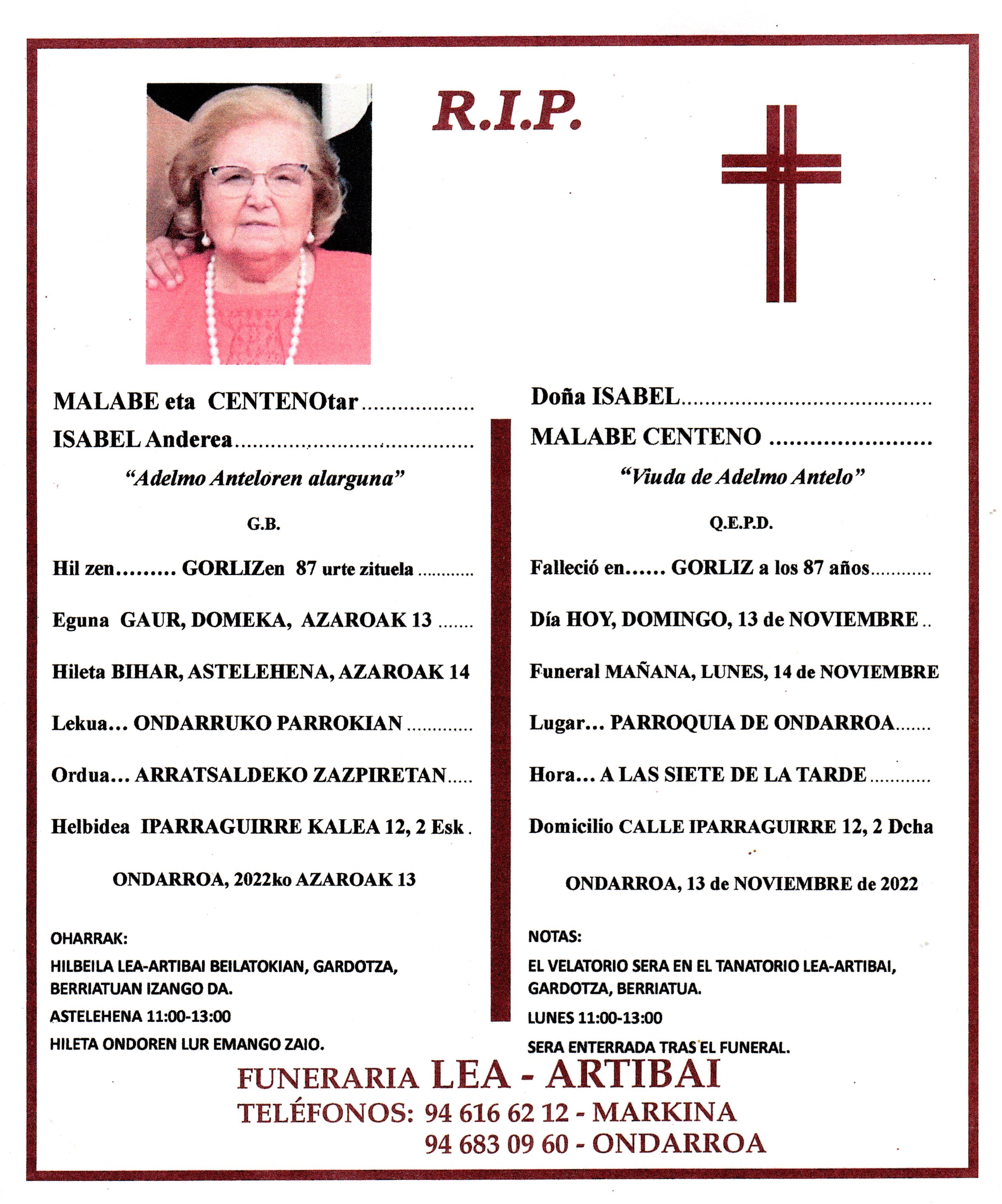 Esquela de Isabel Malabe Centeno