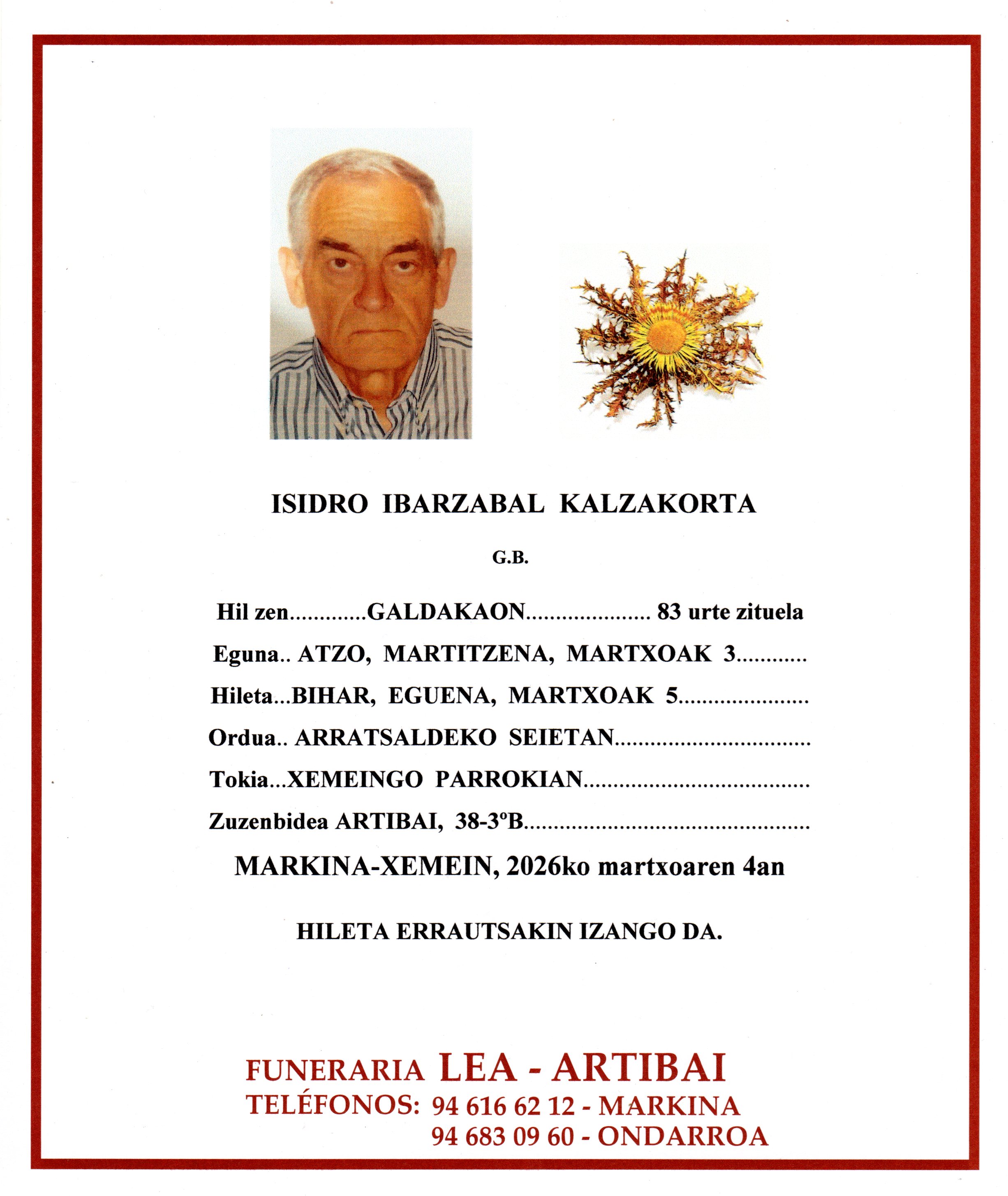 Esquela de Isidro Ibarzabal Kalzakorta