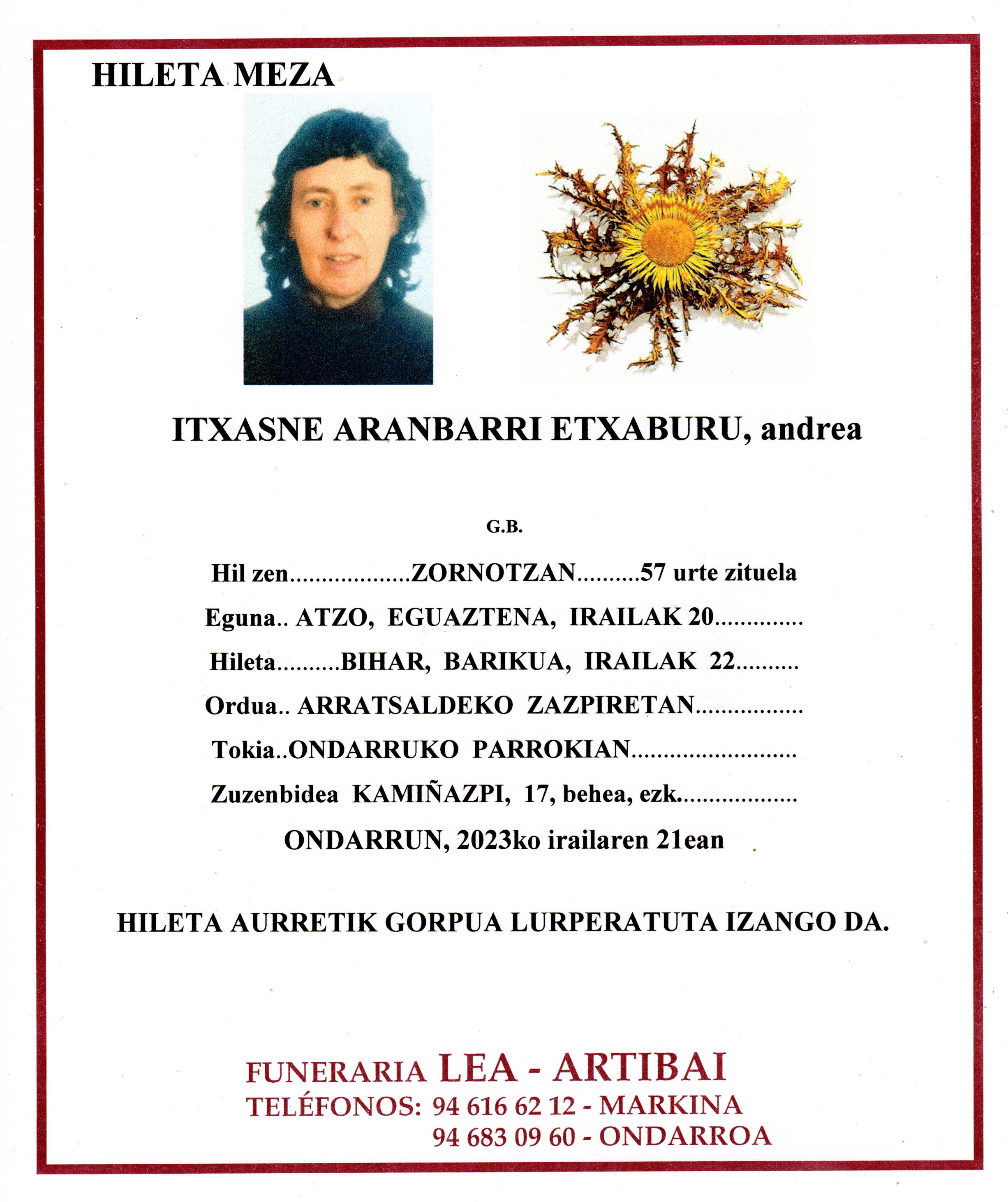 Esquela de Itxasne Aranbarri Etxaburu
