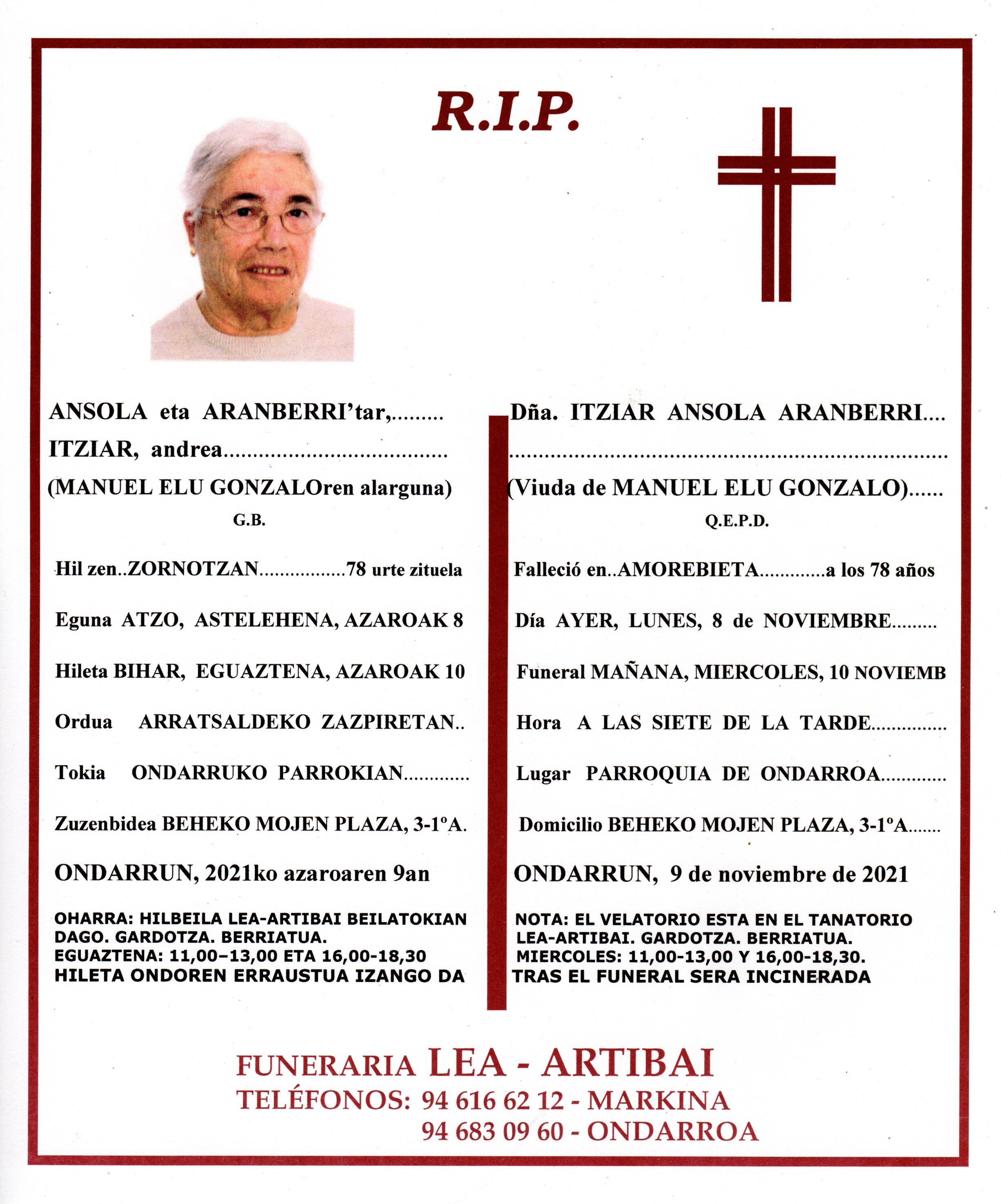 Esquela de Itziar Ansola Aranberri