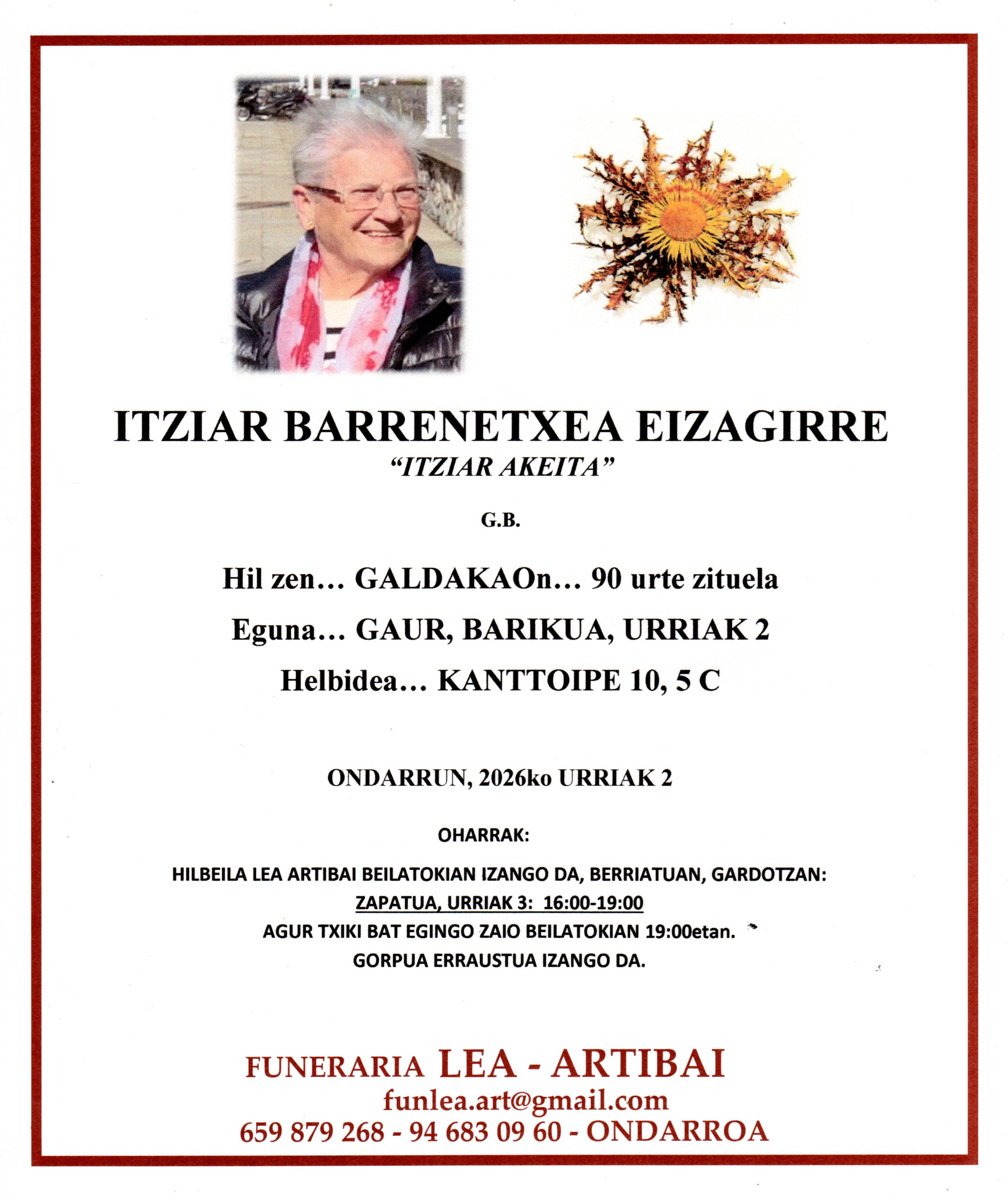 Esquela de Itziar Barrenetxea Eizagirre