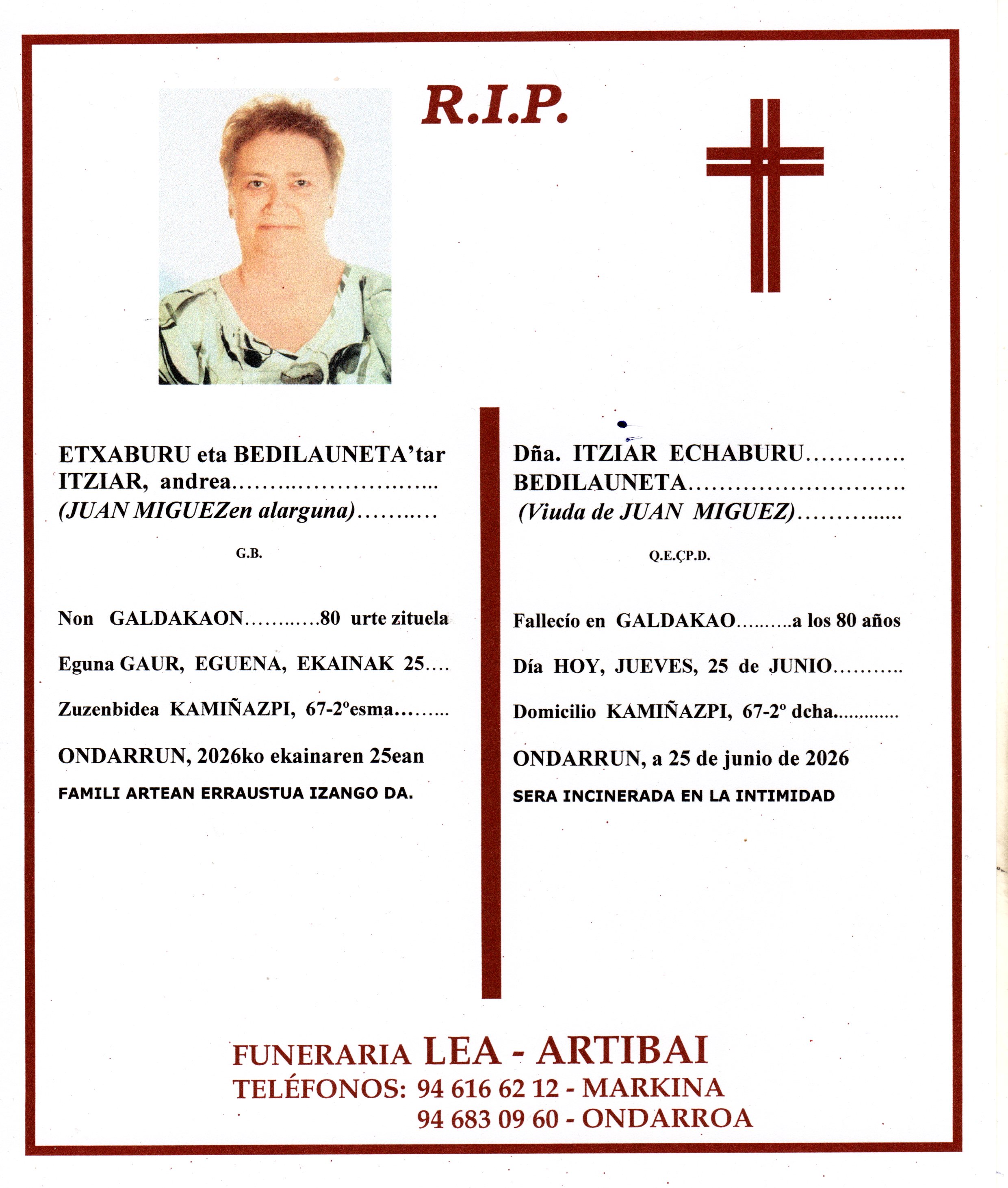 Esquela de Itziar Etxaburu Bedialauneta