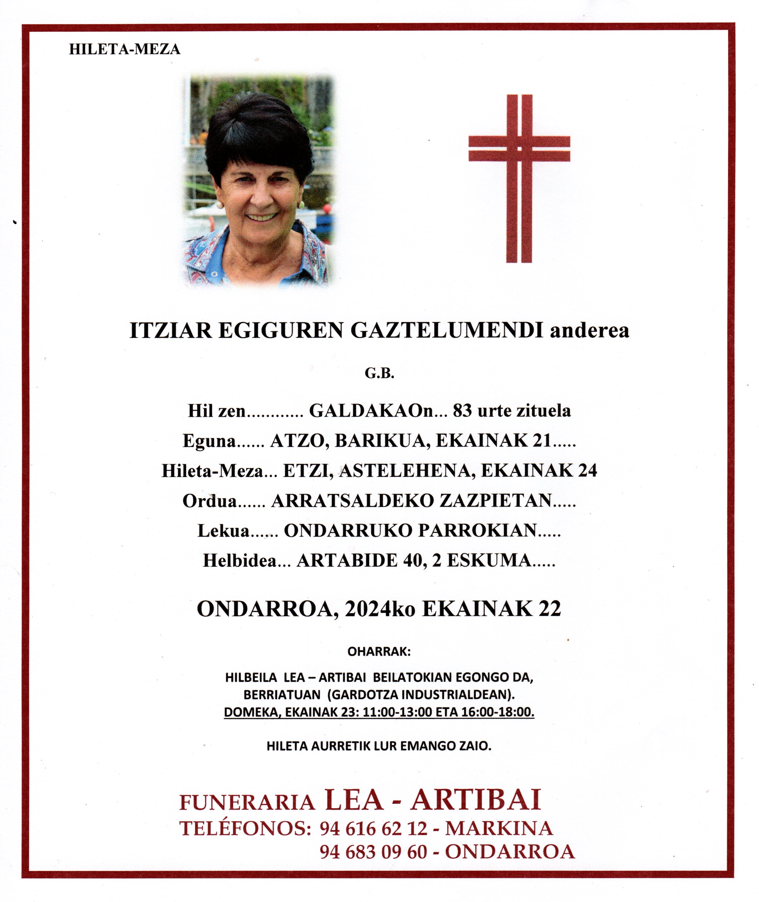 Esquela de Itziar Egiguren Gaztelumendi