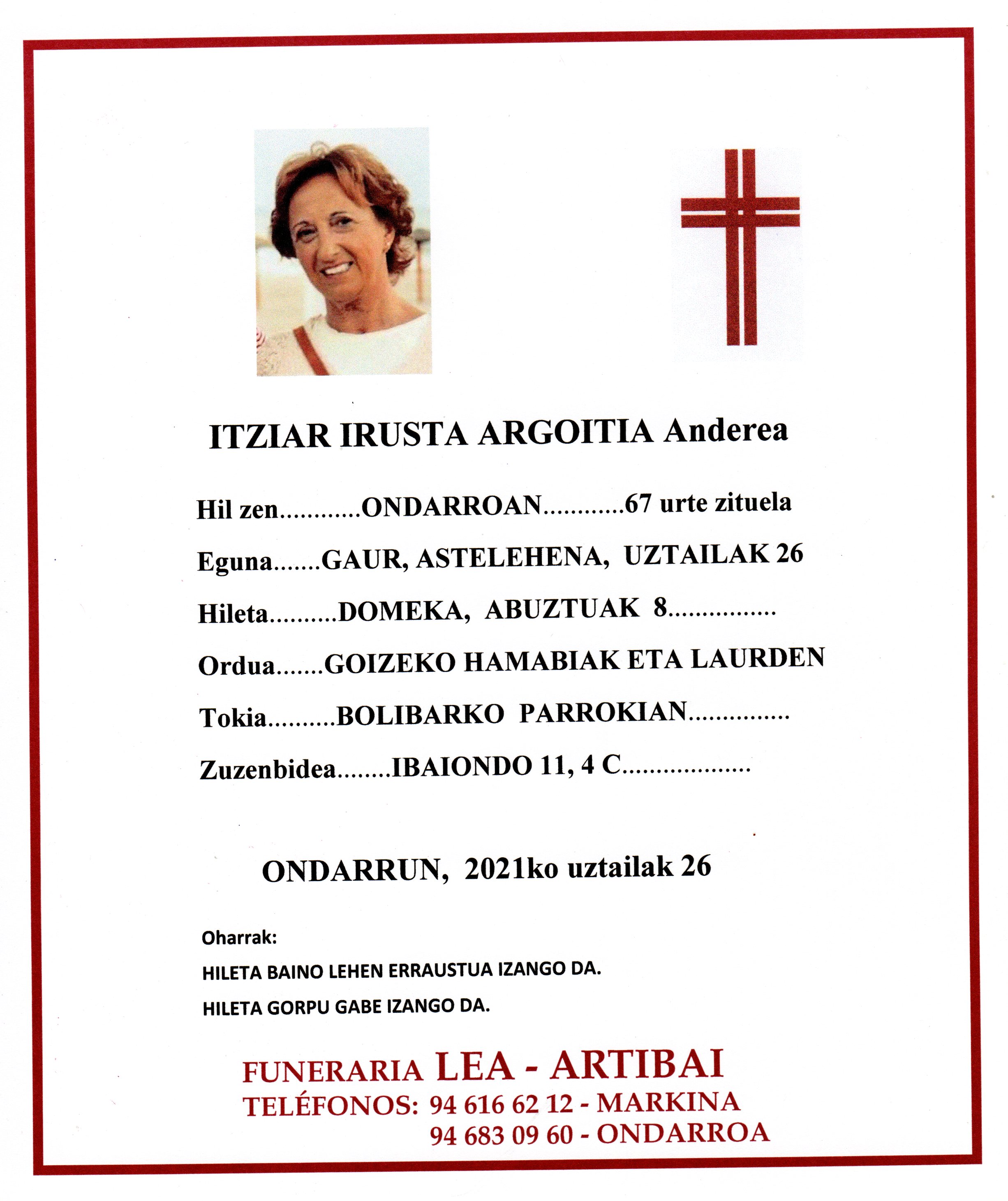 Esquela de Itziar Irusta Argoitia