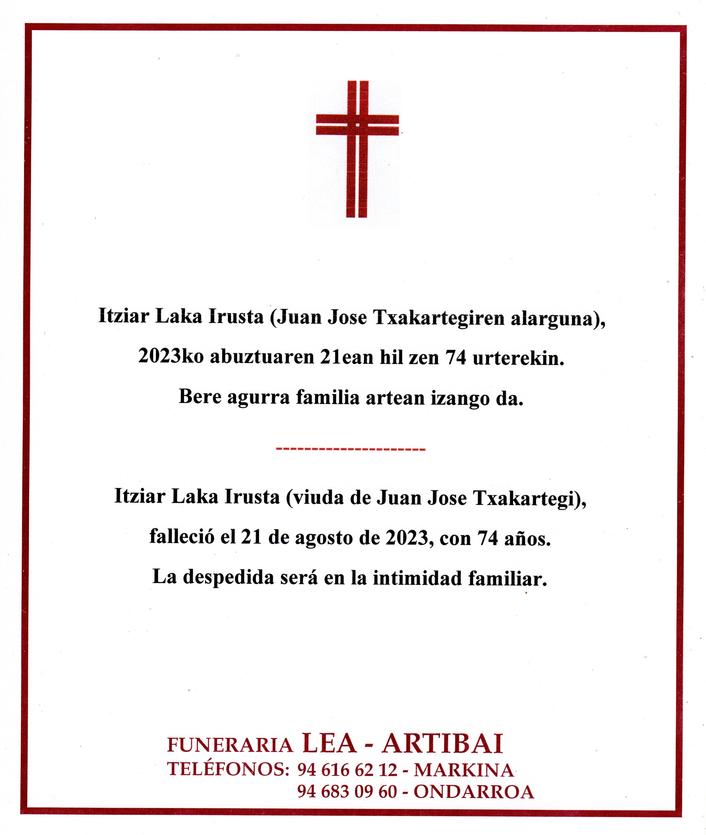 Esquela de Itziar Laka Irusta