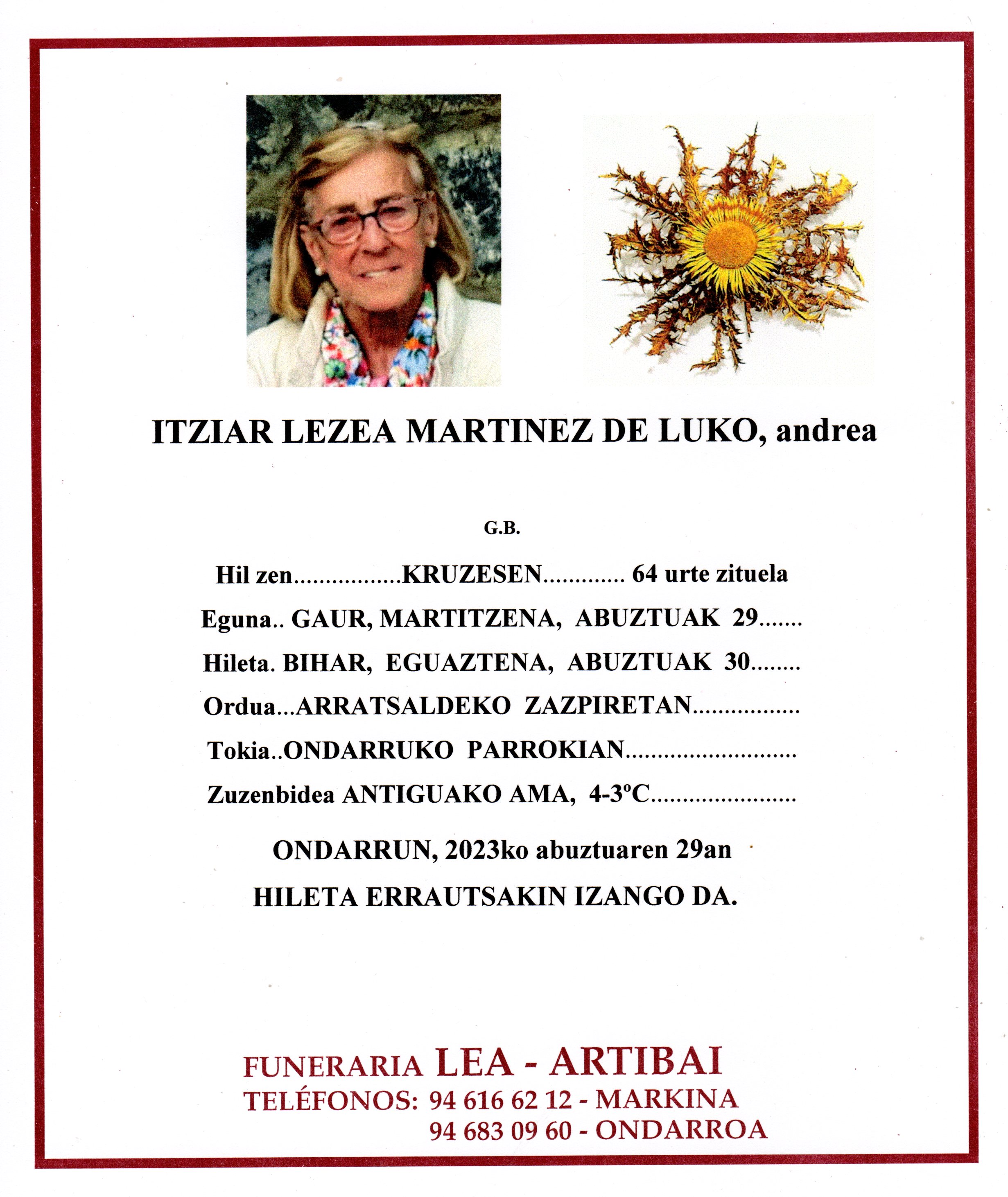 Esquela de Itziar Lezea Martinez de Luko