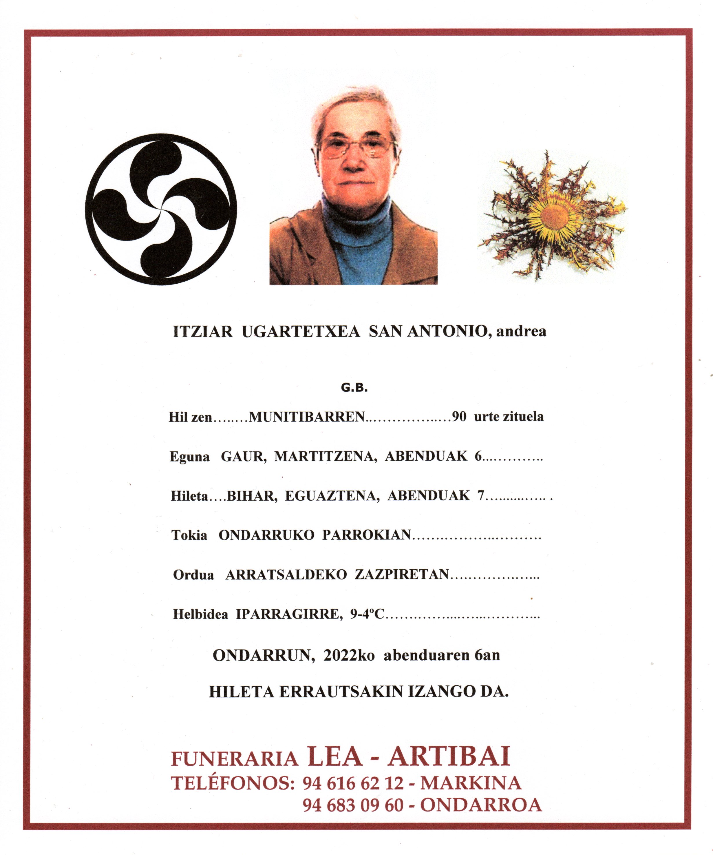 Esquela de Itziar Ugartetxea San Antonio