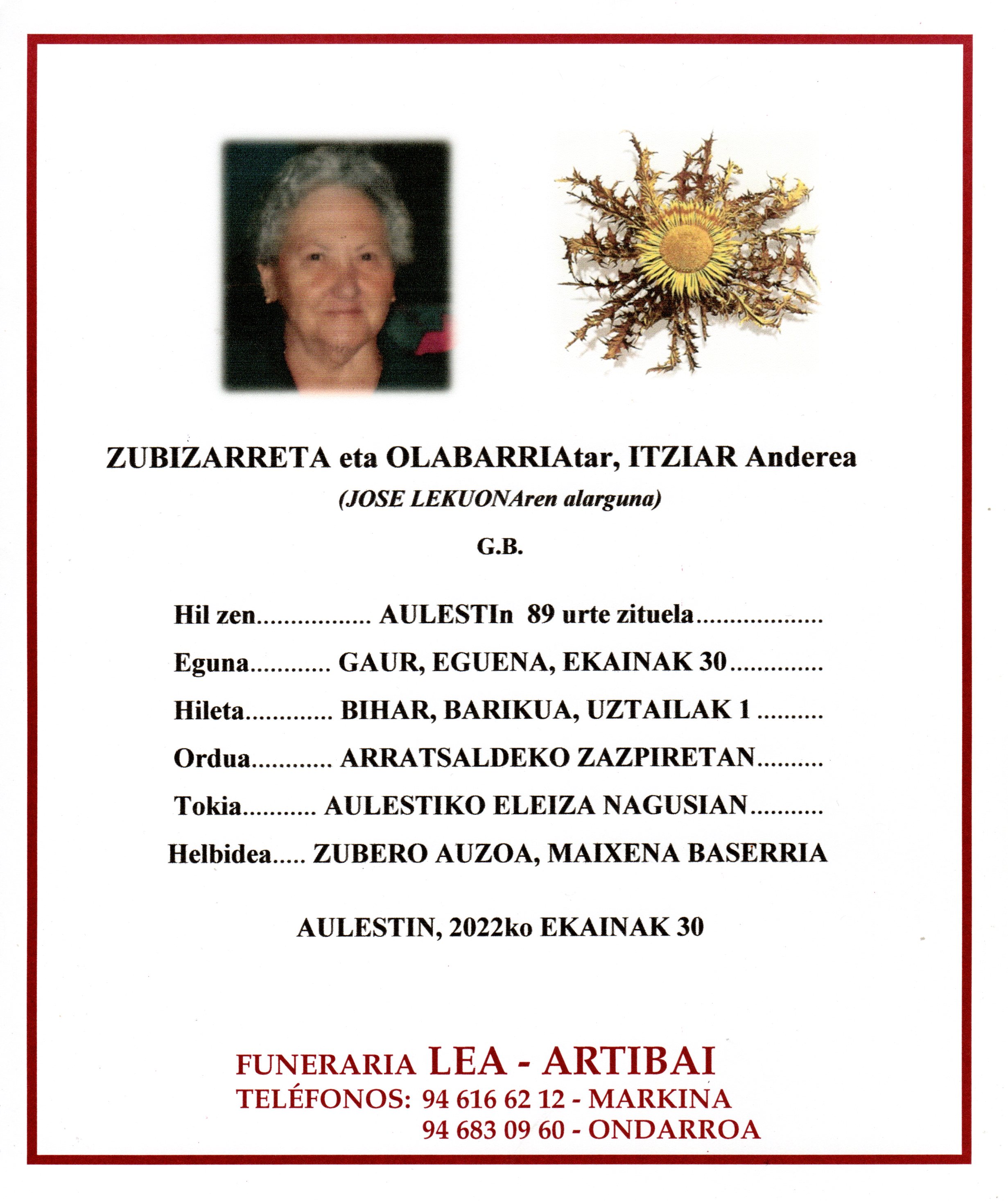 Esquela de Itziar Zubizarreta Olabarria
